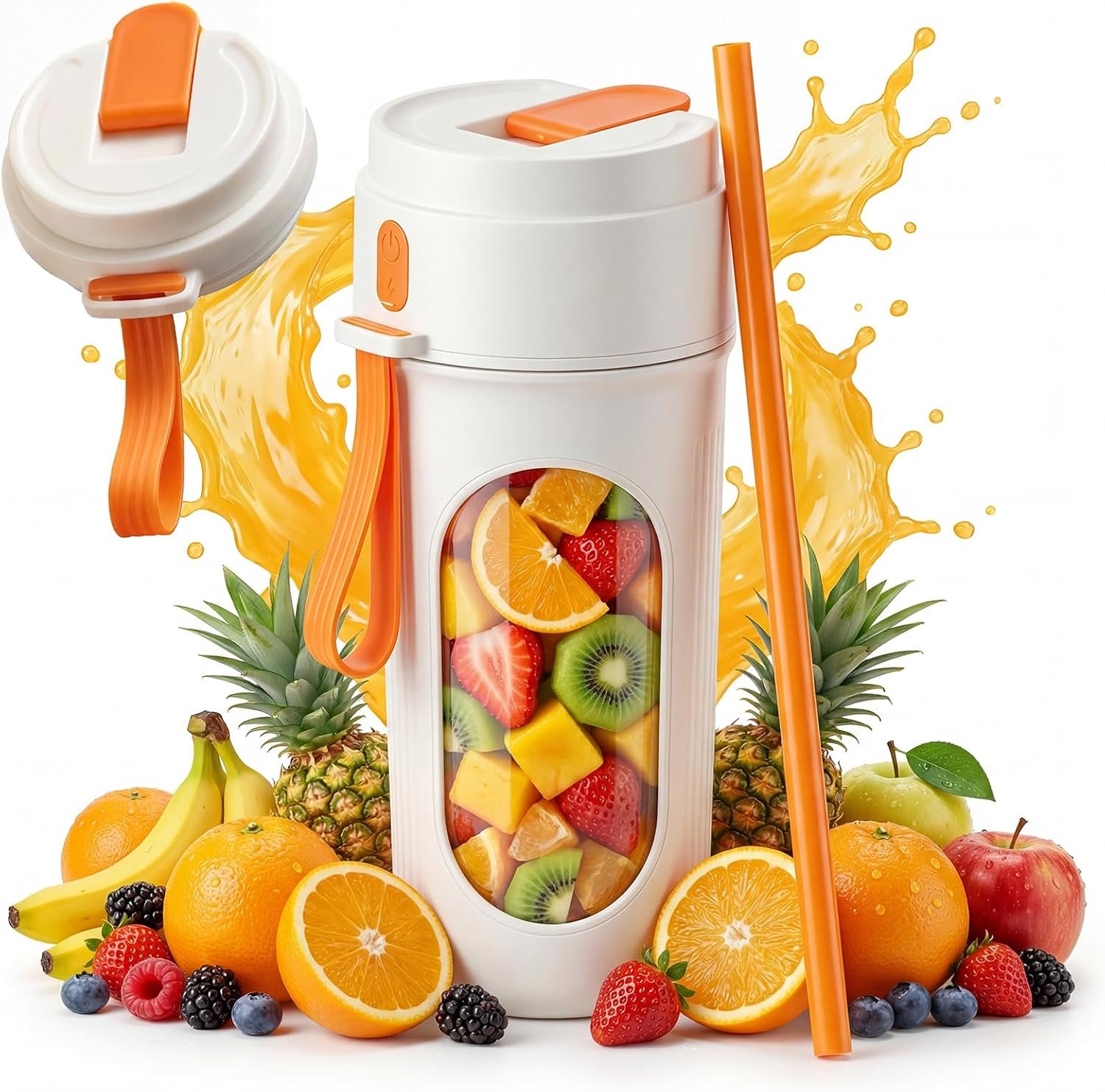 Portable Blender for Smoothies, 12-Blade Personal Mini Blender, 15oz BPA-Free Sport Bottle, USB-C Rechargeable, Compact Travel Juicer for Shakes, Fruit & Ice, Dishwasher-Safe, Easy to Clean – Orange
