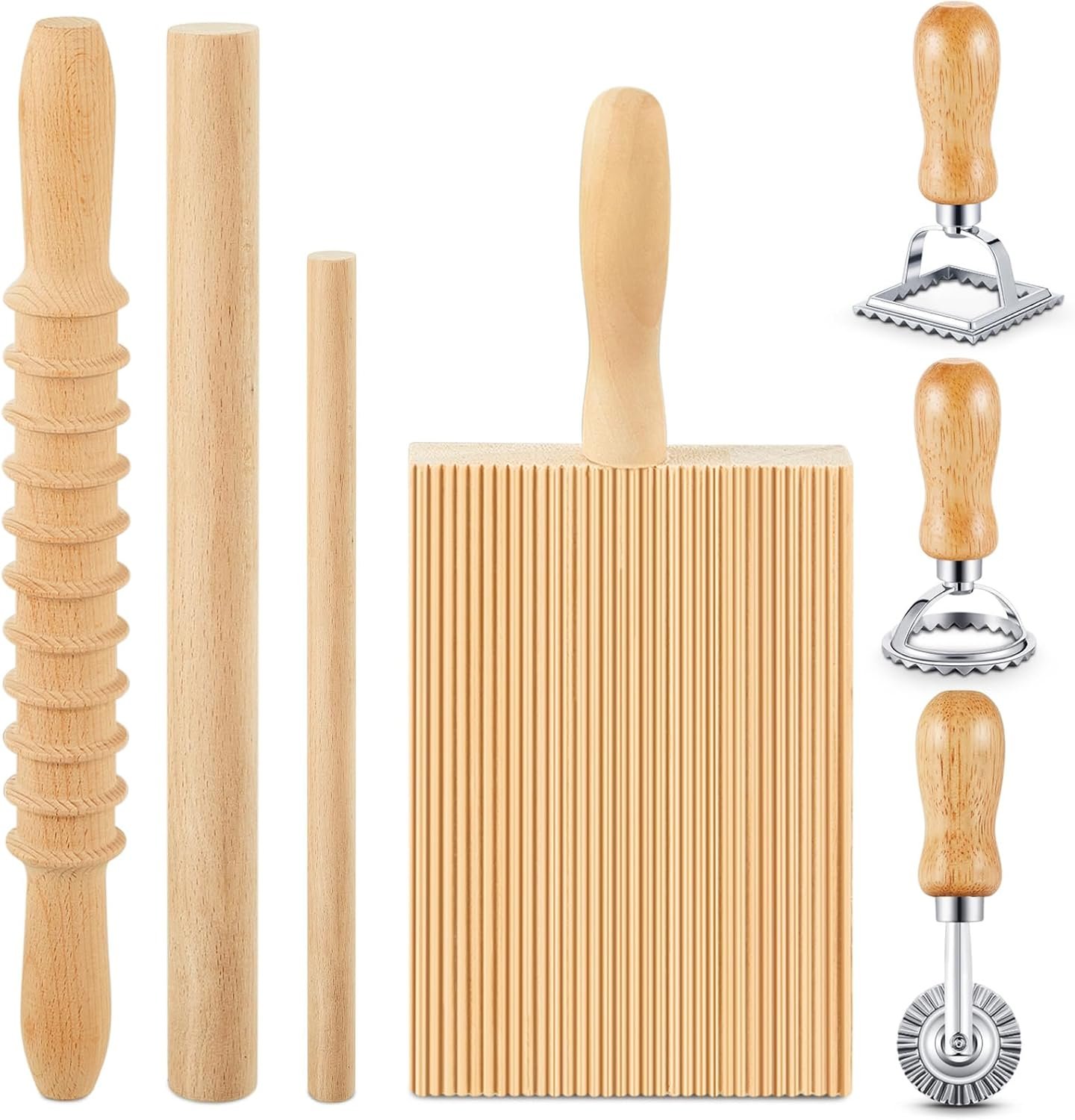 Tioncy 7 Pcs Handmade Pasta Ravioli Tool Set, Wood Gnocchi Board Raviolis Mold Kit for Rolling Dough Making Tools, Kitchen Gift for Pasta Lovers (Classic Gnocchi Board Set)