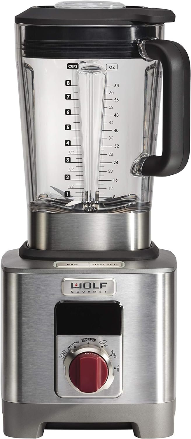 Wolf Gourmet High-Performance Blender, 64 oz Jar, 4 program settings, 12.5 AMPS, Blends Food, Shakes and Smoothies, Red Knob, Stainless Steel (WGBL100S)