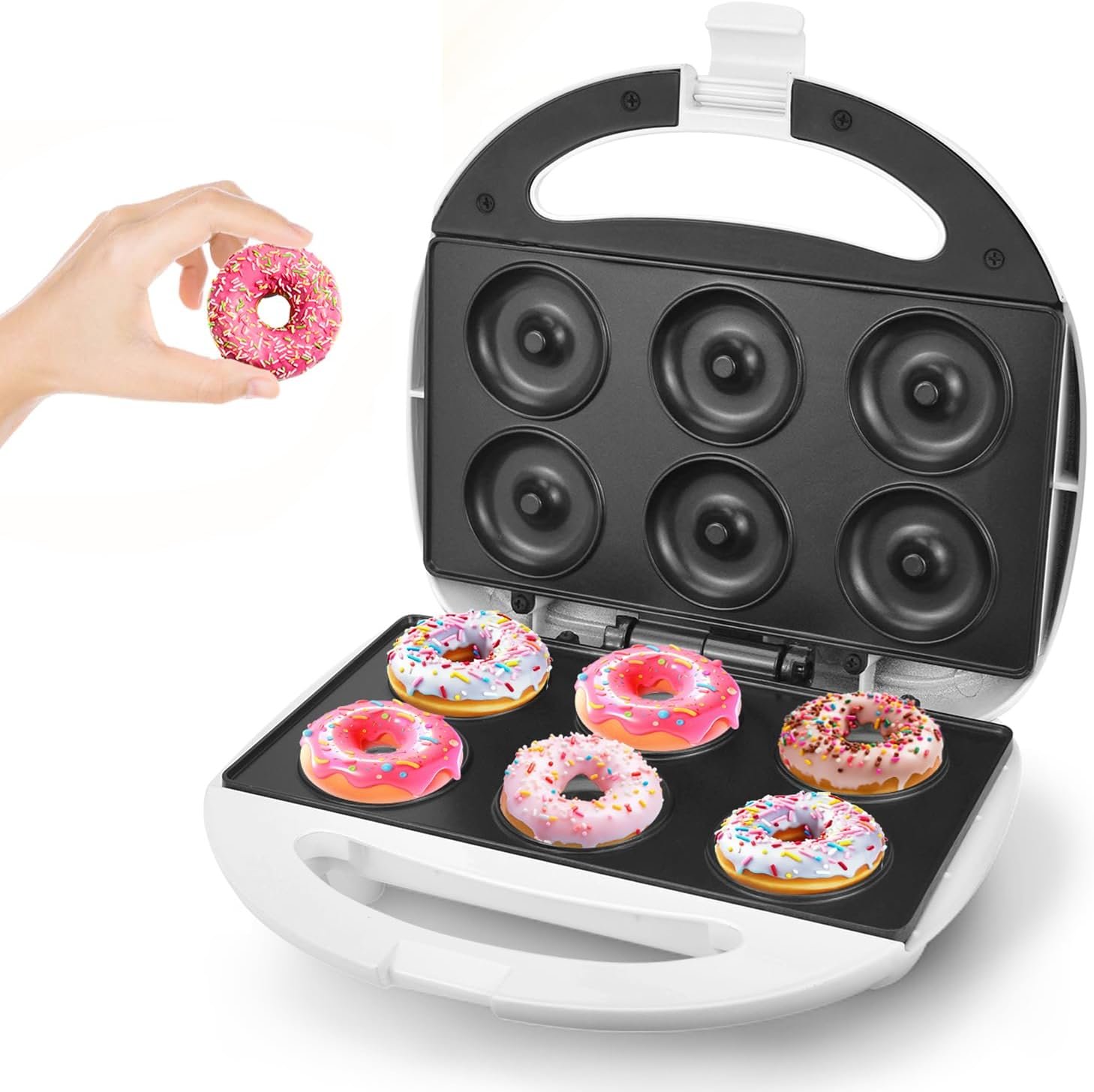 DSP Mini Donut Maker – Non-Stick, Cool Touch Electric Doughnut Machine for Mini Donuts – Perfect for Breakfast, Snacks & Desserts (White, 6 Donuts)