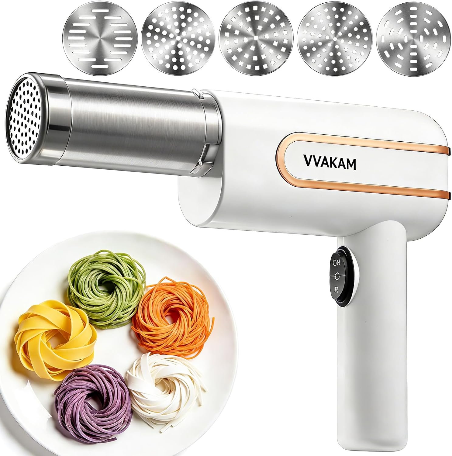 Electric Pasta Maker Machine, Potato Ricer 5-in-1 Automatic Noodle Maker Machine with Powerful Motor, Cordless Handheld Noodle Machine for Kitchen Home Restaurant (White)
