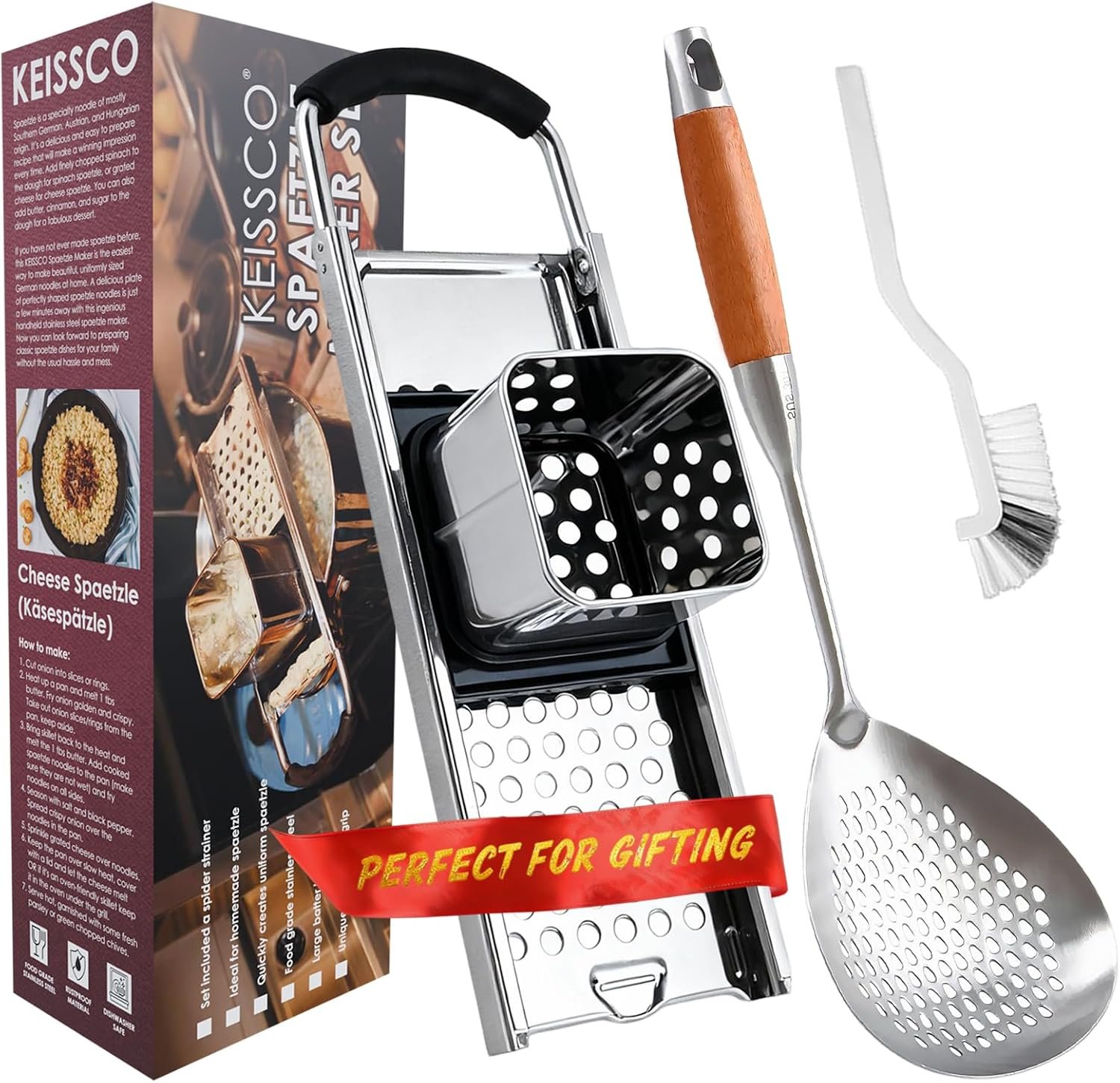 Premium Grade Stainless Steel Spaetzle Maker with Comfort Grip Handle, Spider Strainer Skimmer Slotted Spoon Pasta Strainer, Homemade Traditional German Egg Noodle Dumpling Making Tool Set, Gift Box