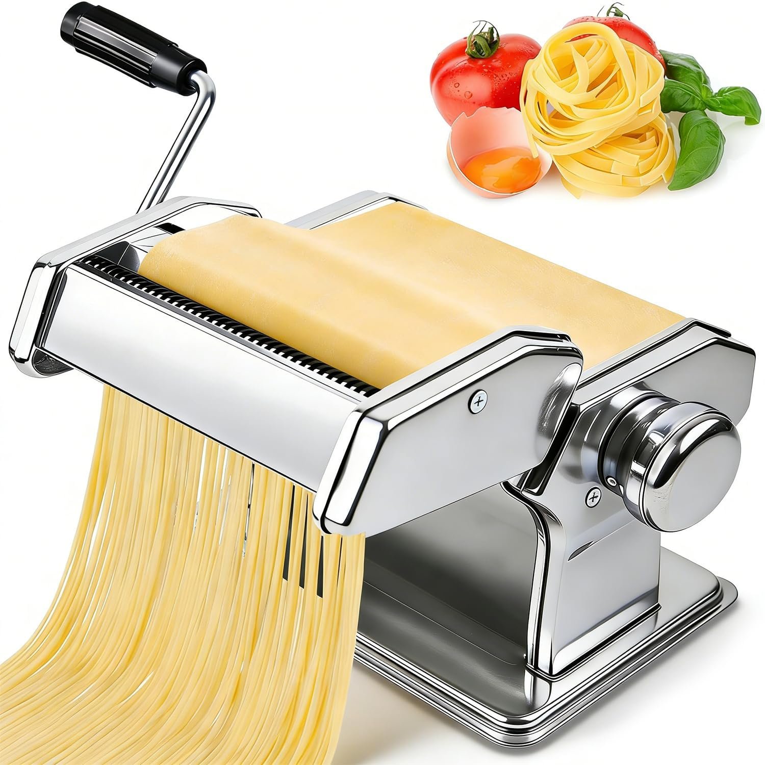 Manual Pasta Maker Machine, Stainless Steel Pasta Maker with 9 Adjustable Thickness Settings 2 in 1 Noodle Maker with Rollers and Cutter, Perfect for Spaghetti, Fettuccini, Lasagna & More