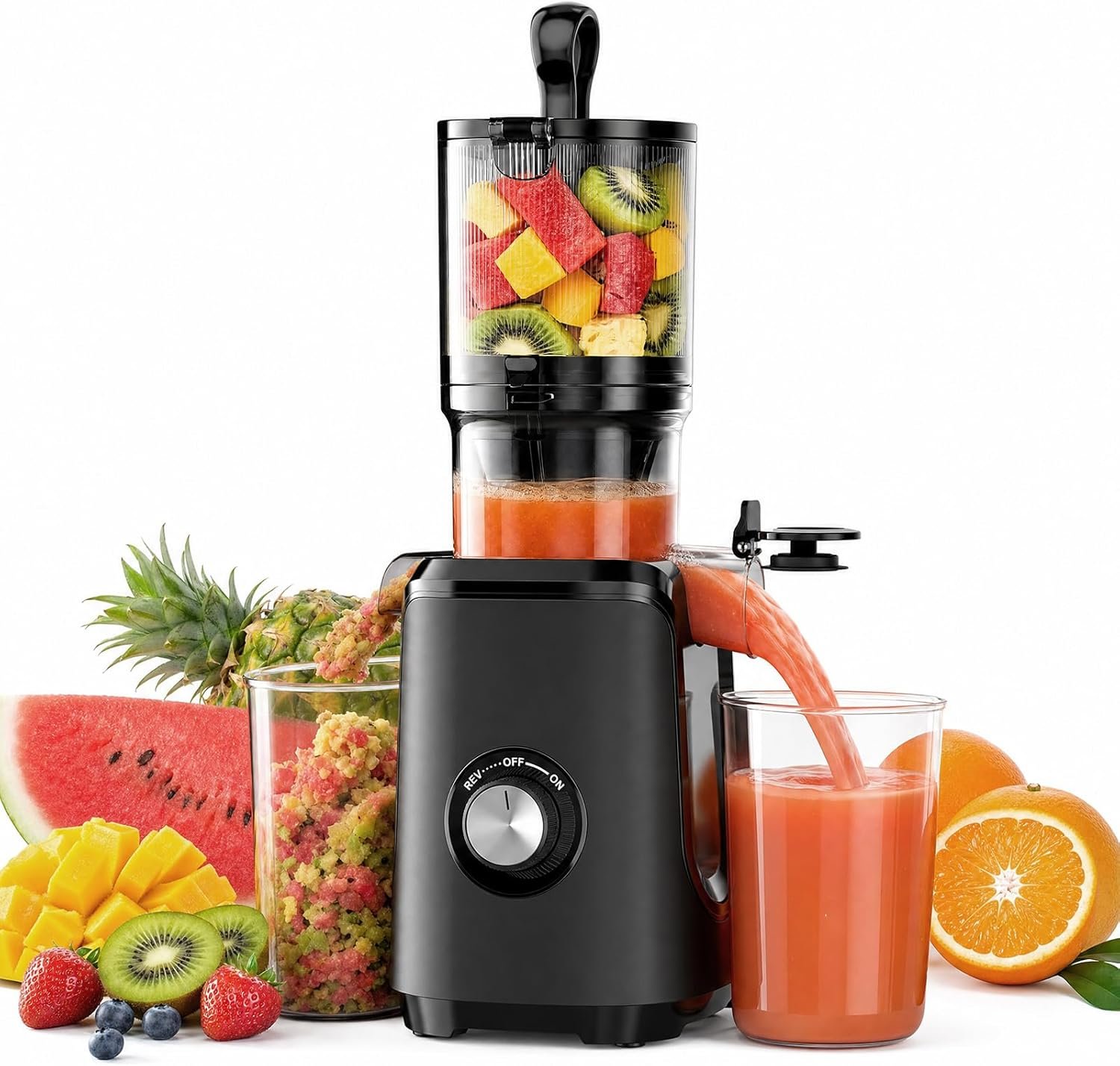 Slow Masticating Juicer Machines, Cold Press Juicer with Safety Lock & Reverse Function, 4.25″ Feed Chute for Whole Fruits & Vegetables, High Juice Yield, Black