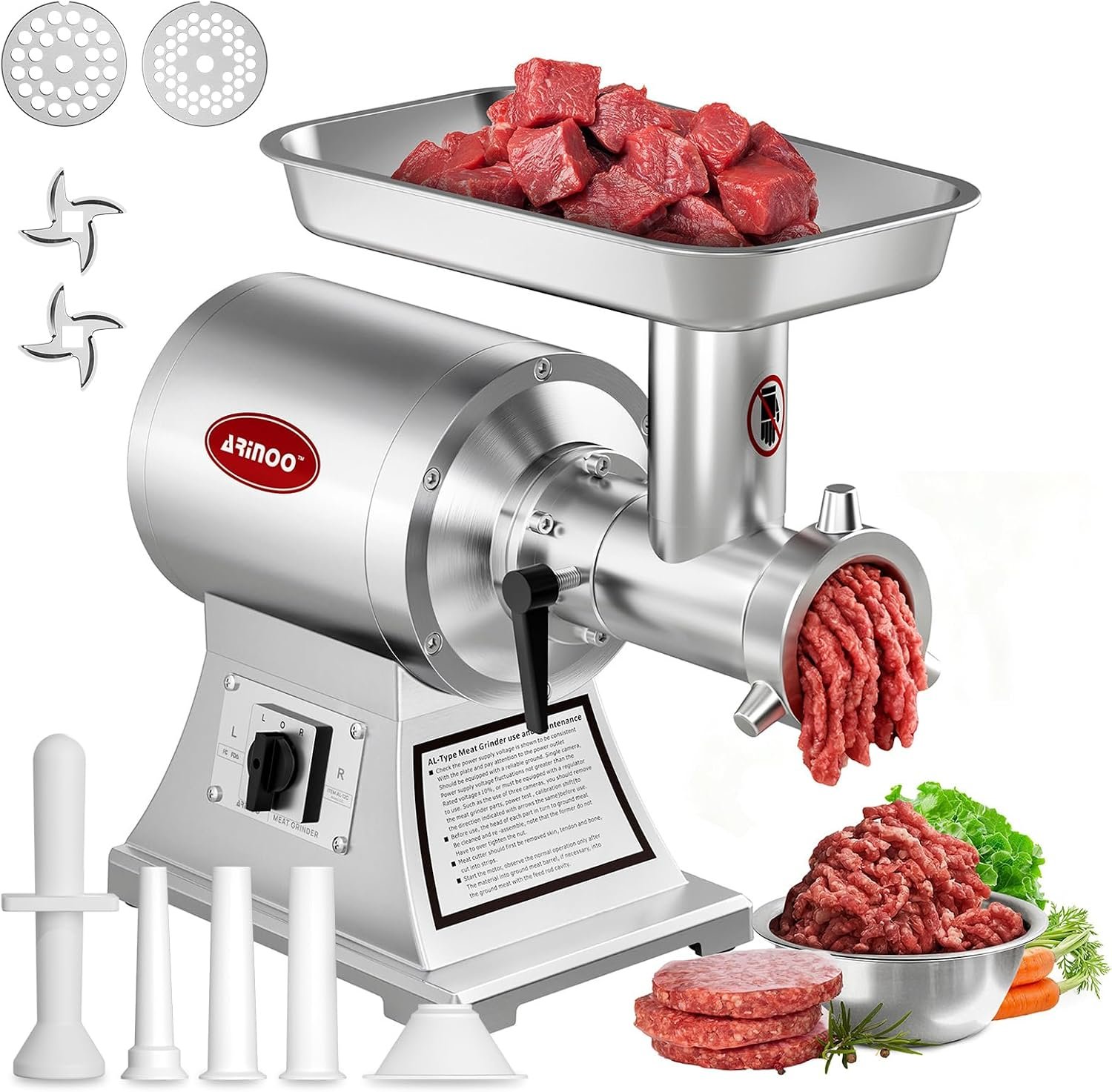 Commercial Meat Grinder #12C, 0.9HP Heavy Duty Stainless Steel Industrial Meat Mincer w/2 Blades & Meat Pusher,Electric Meat Grinders for large batches home butchering, or small farm processing