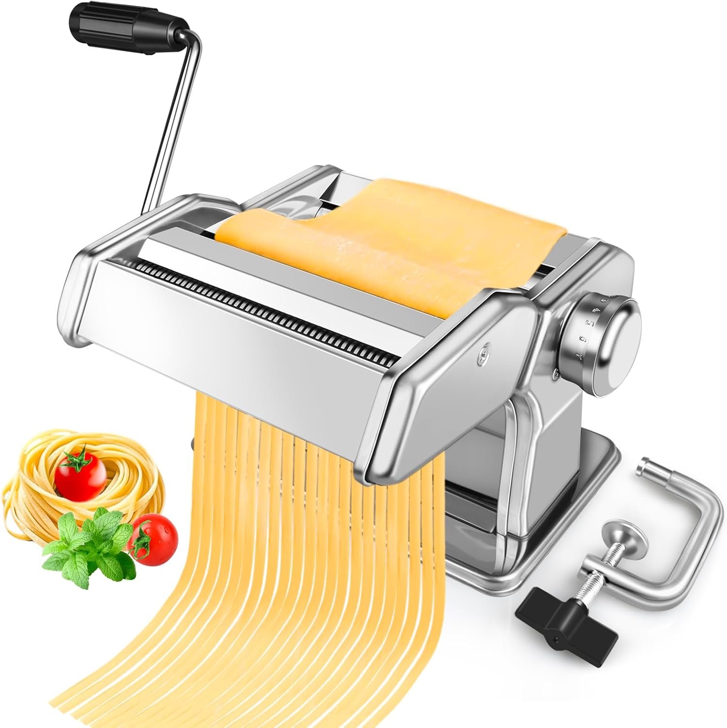 Pasta Maker – 7 Thickness Settings Pasta Roller & 2 Size Cutters | Stainless Steel, Easy to Clean Manual Pasta Machine, Hand Crank & Table Clamp Included, Ideal Gift Choice