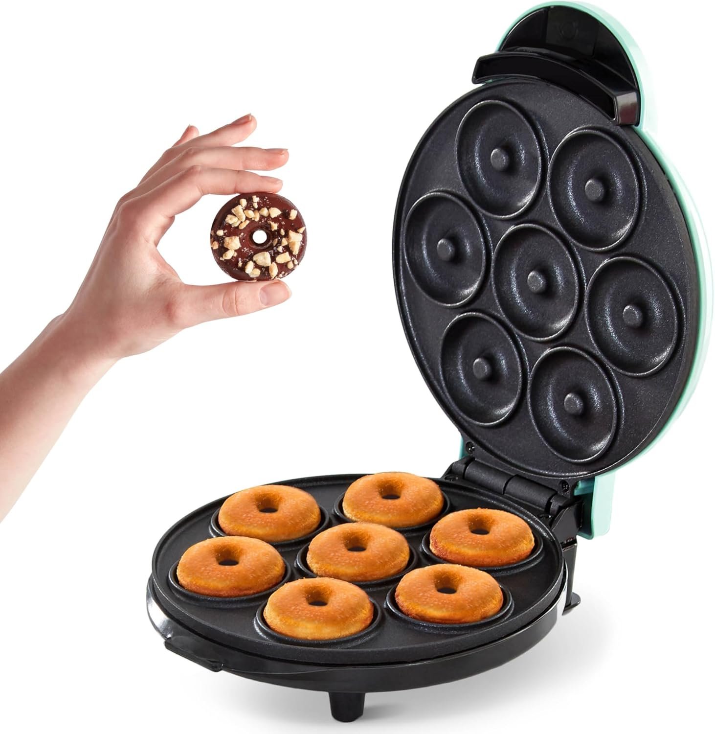 Dash Express Mini Donut Maker – Homemade Dessert Maker – Features Double-Sided, Non-Stick Surface & Space-Saving Design – Makes 7 – Aqua