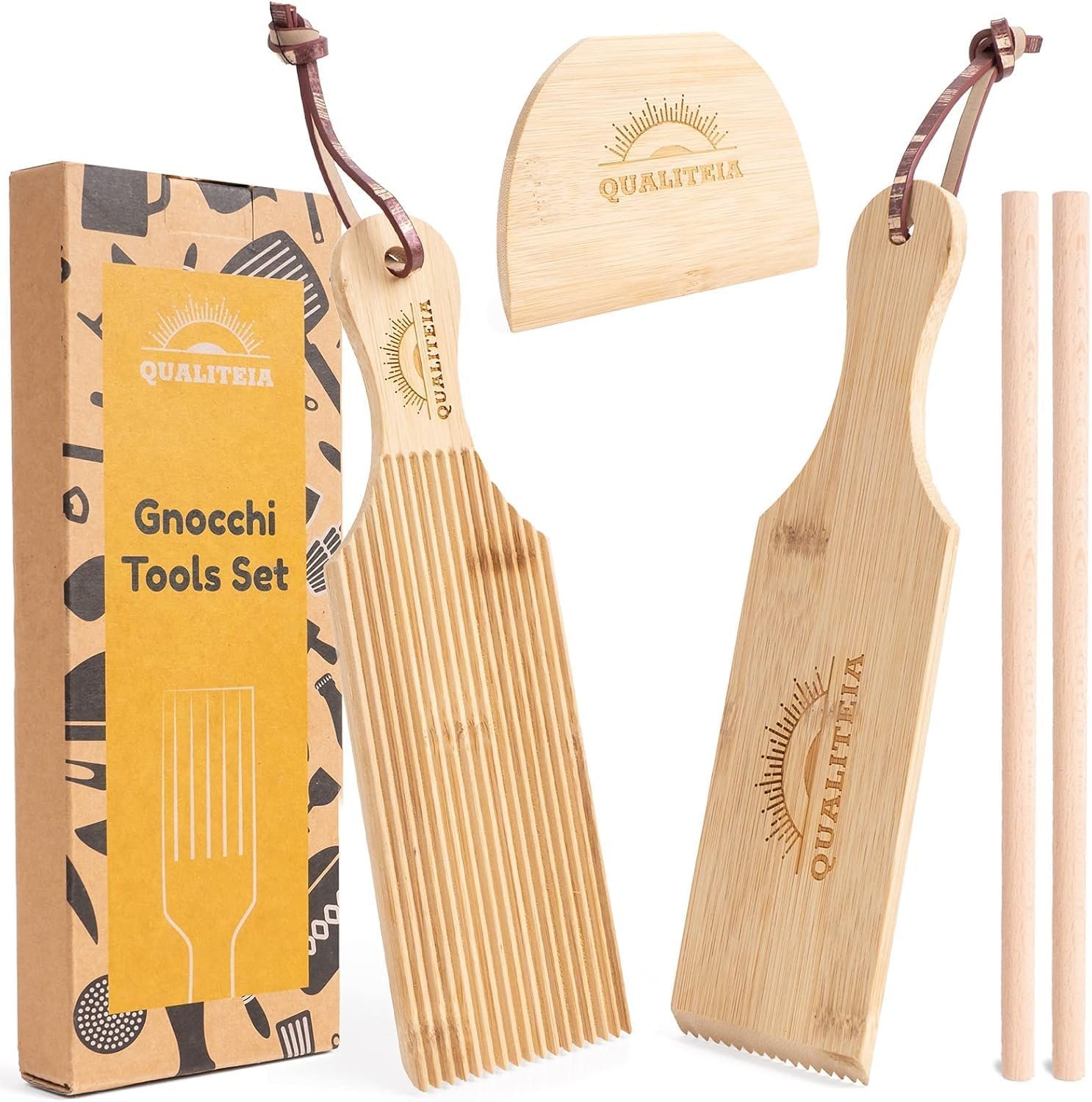 Gnocchi Board Set for Rolling Dough – 2x Paddles, 2x Rollers & 1x Cutter, Bamboo Pasta Shaper Tools Butter Maker, Garganelli Cavatelli Tortellini Cavarola Roller (Gnocchi Board Set 4)