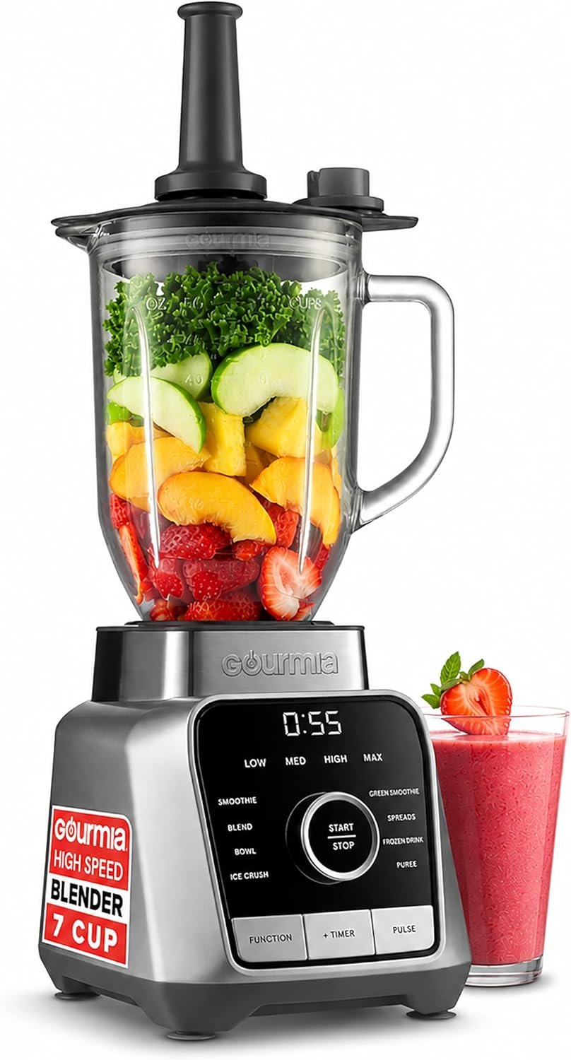 Gourmia Countertop Blender – 8 Blend Programs, 4 Speeds, Pulse and Manual Mode, 56oz Pitcher, Digital Display with Integrated Timer, Round-Plated Tamper, Dishwasher-Safe Parts