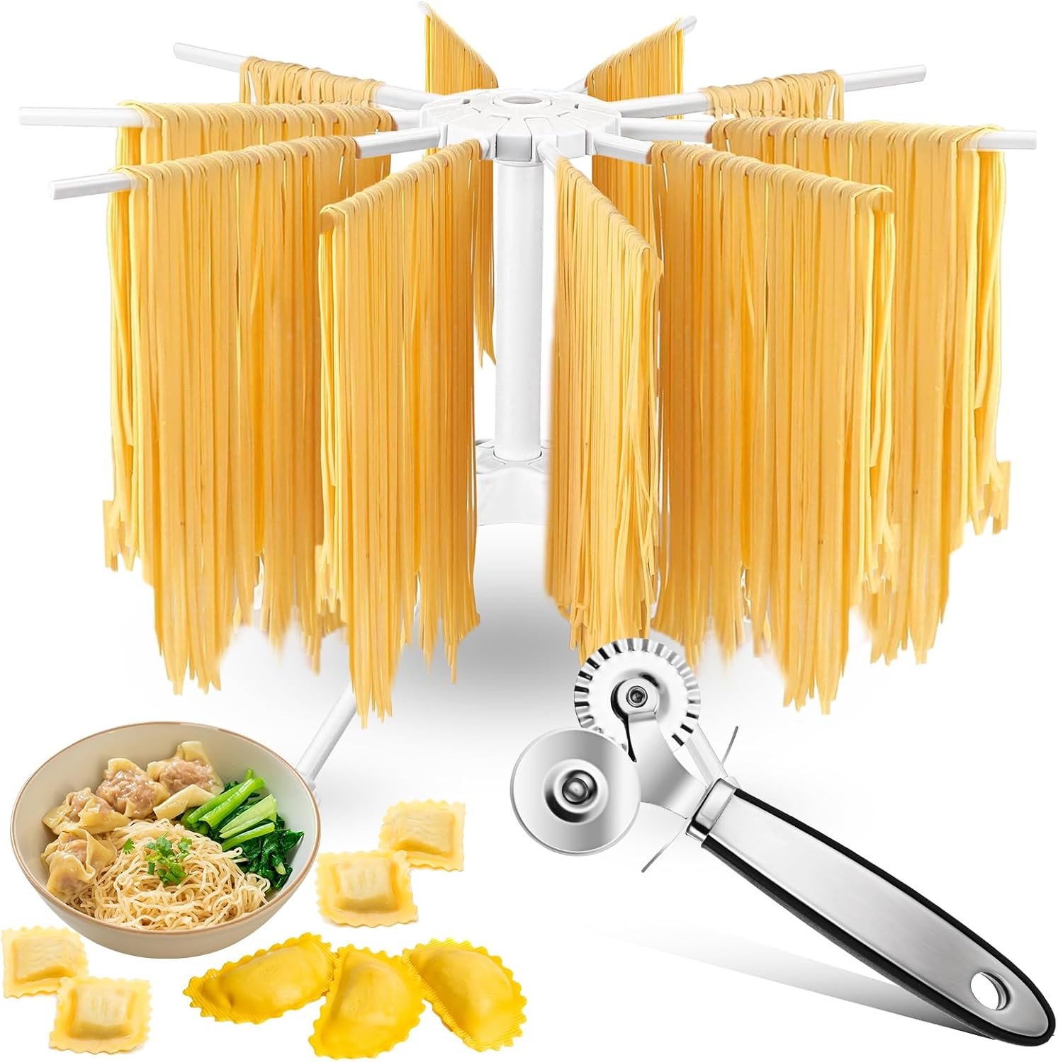 FoldTier Pasta Drying Rack and Cutter Wheel Ravioli Cutter Wheel Ravioli Roller Plastic Foldable Homemade Fresh Spaghetti Collapsible Stand Stable Easy Storage for Kitchen and Home Dumpling Lasagna