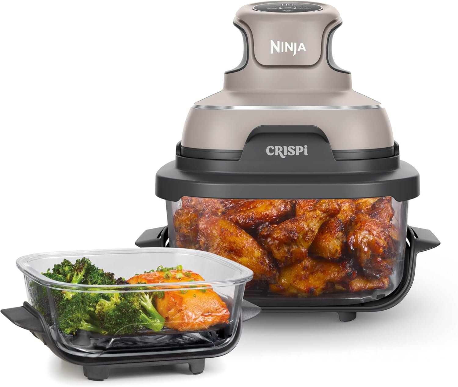 Ninja Crispi 4 in 1 Glass Air Fryer, 450°F, Non Toxic, 4QT and 6 Cup Containers with Lids, Dishwasher Safe, Stone, 1 Count, FN101ST