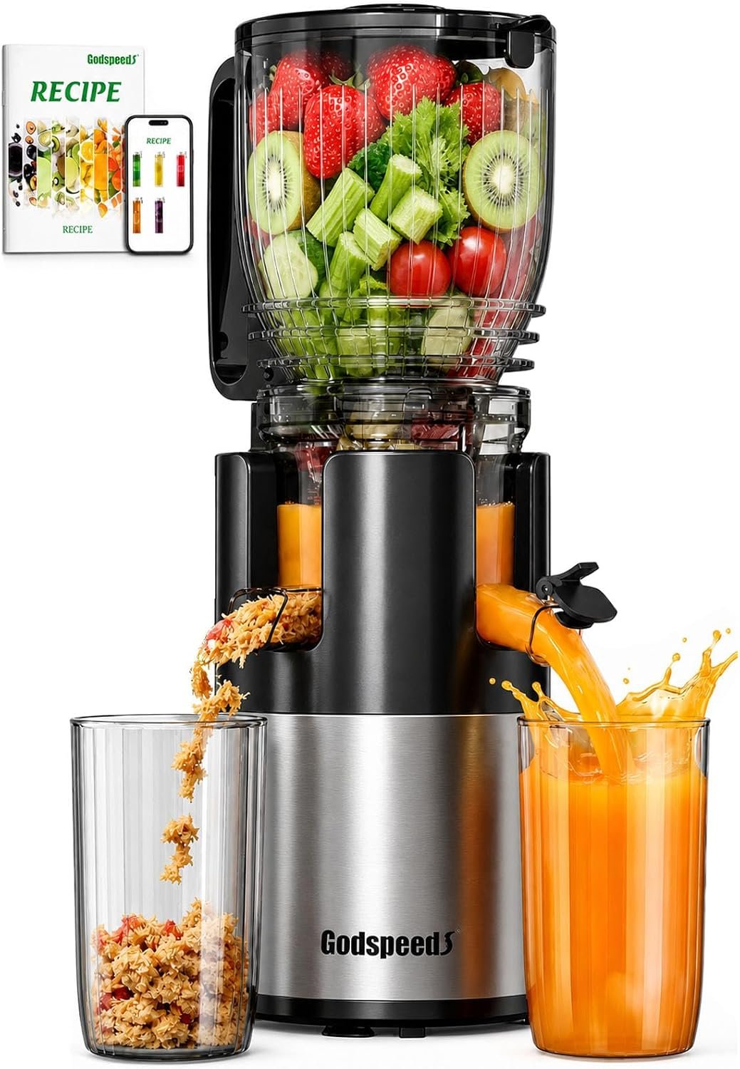 Godspeeds Juicer Machines with 5.8″ Large Feed Chute, Slow Masticating Cold Press Juicer for Whole Fruits & Vegetables, Easy to Clean Design, High Juice Yield Home Juicer for Daily Wellness