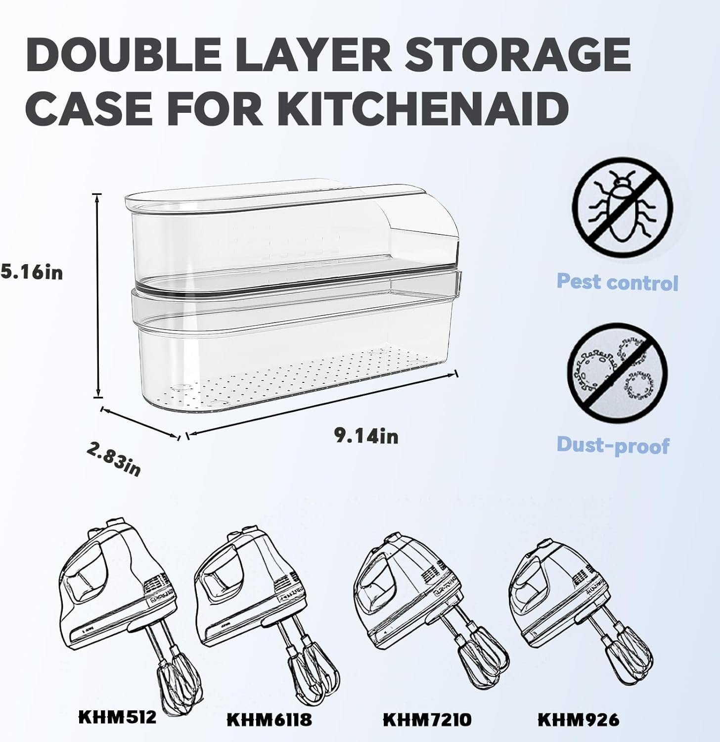 Hand Mixer Storage Case Compatible with KitchenAid KHM5, KHM6, KHM7 and KHM9 Ultra Power Hand Mixers, Double-Layer Clear Polycarbonate Organizer, Case Only