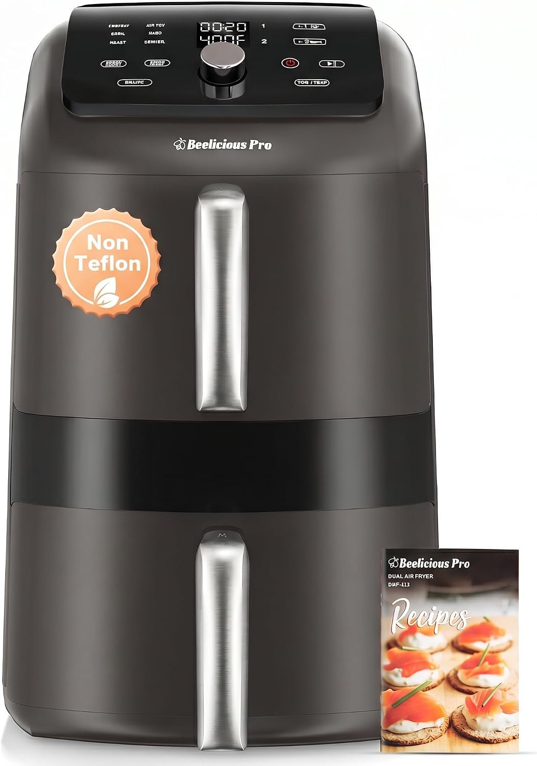 12QT Large Double Air Fryer, Family-Size Dual Airfryer with 2 Baskets, SyncHeat Even Heating, Stacked Compact Design, Smart Finish & Match Cook, PFAS-Free Nonstick, Dishwasher-Safe, Brown Black