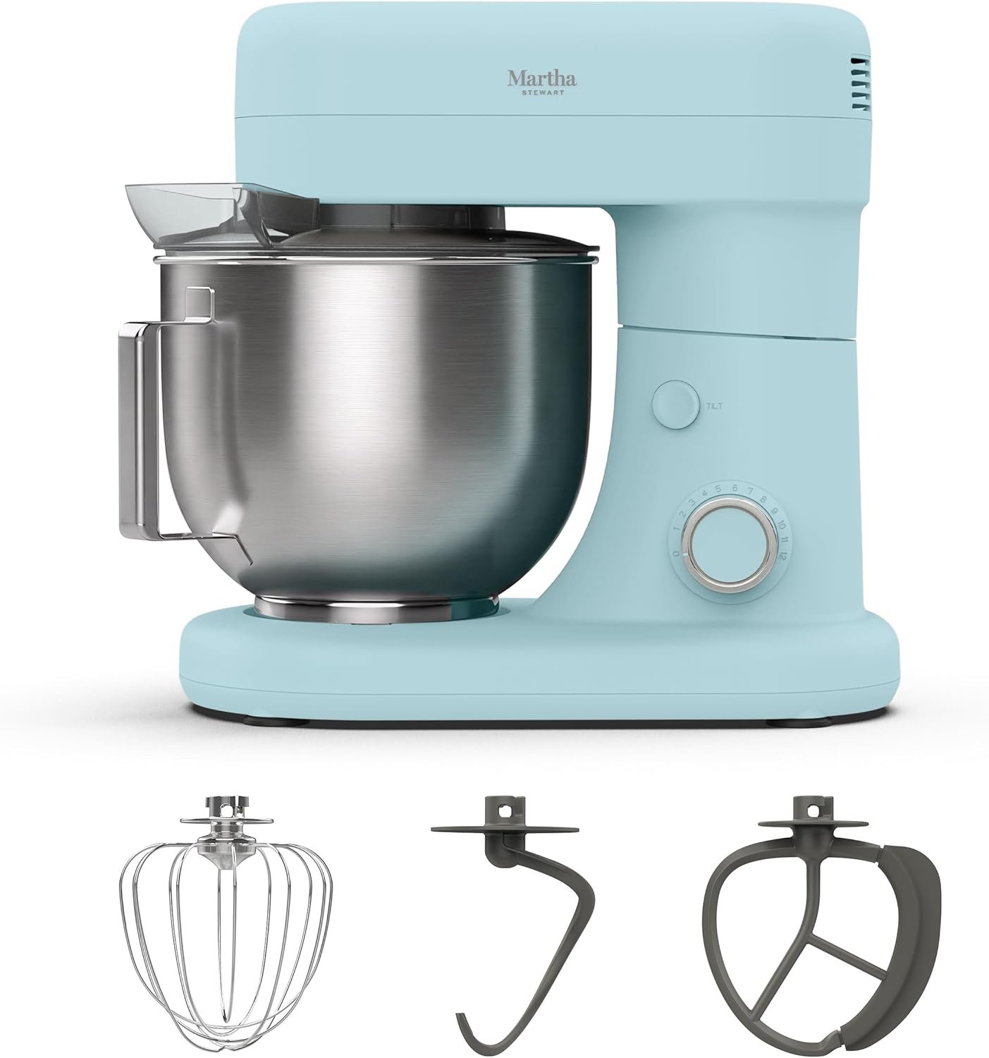Martha Stewart 5.3Qt Stand Mixer, 12-Speed Tilt-Head Electric Kitchen Mixer with Stainless Steel Bowl, Dough Hook, Whisk & Beater, Splash Guard, Ideal for Baking Bread, Cake & Whipping, Sky Blue