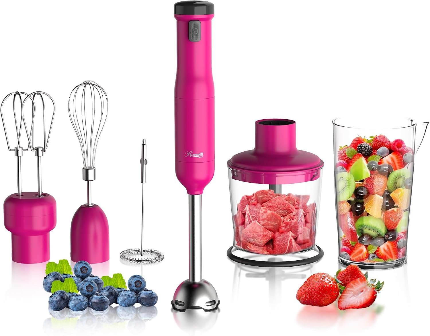 Rosewill 6-in-1 Multi-Speed Cordless Rechargeable Immersion Hand Blender, Heavy Duty Motor – Stick Blender, Beaker, Whisk, Chopper, Dual Beater, Milk Frother – For Smoothies, Baby Food, Soup – Rose