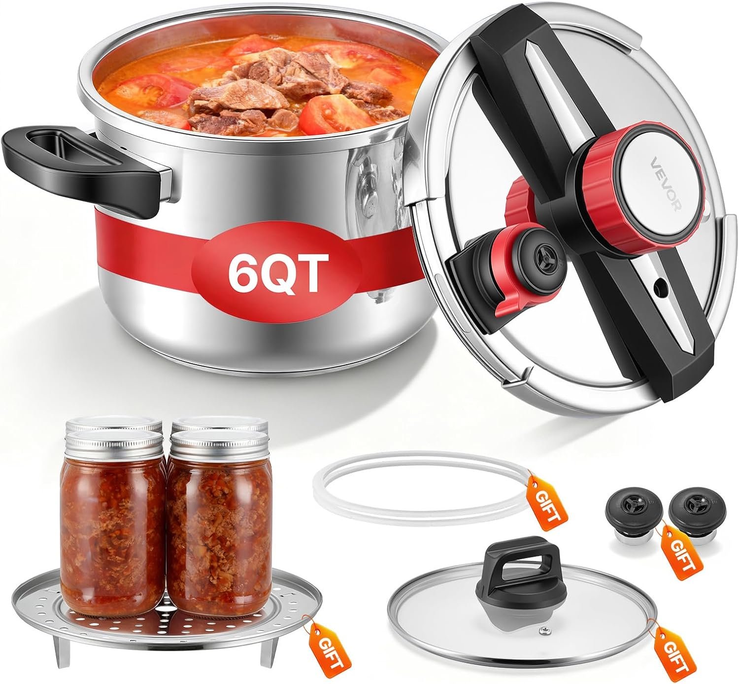 VEVOR Pressure Cooker, 6.3Qt Pressure Cooker Stainless Steel, Pressures Canner with Steaming Rack, Tempered Glass Lid, Three Pressures Settings for Meat, Beans, Rice, Soup, Sauces, Cook up to 100 kPa