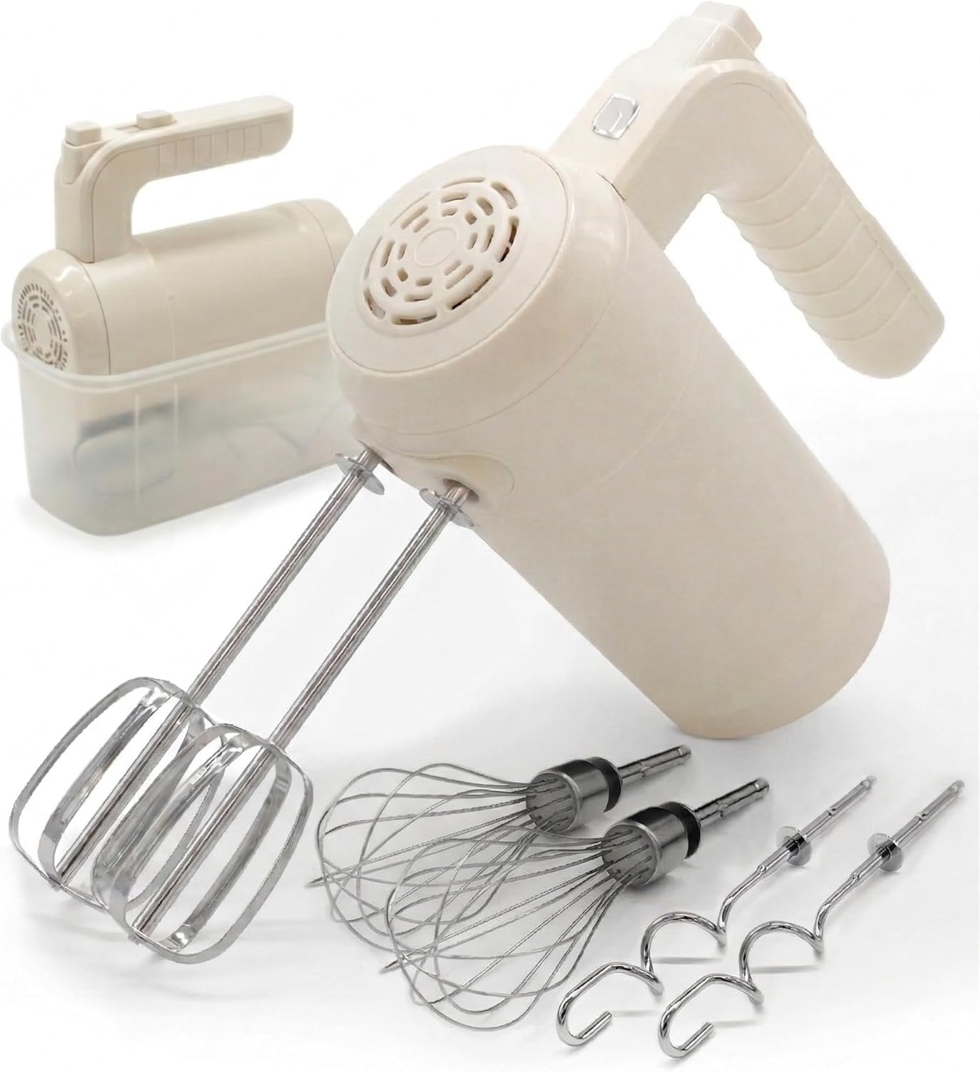 WILLOW Eco Series Electric Hand Mixer, 5 Speed Ultra Power Handheld Mixer with Stainless Steel Whisks, Beaters & Dough Hooks + Eject Button, 350W Kitchen Mixer with Snap-On Storage Case – WHITE