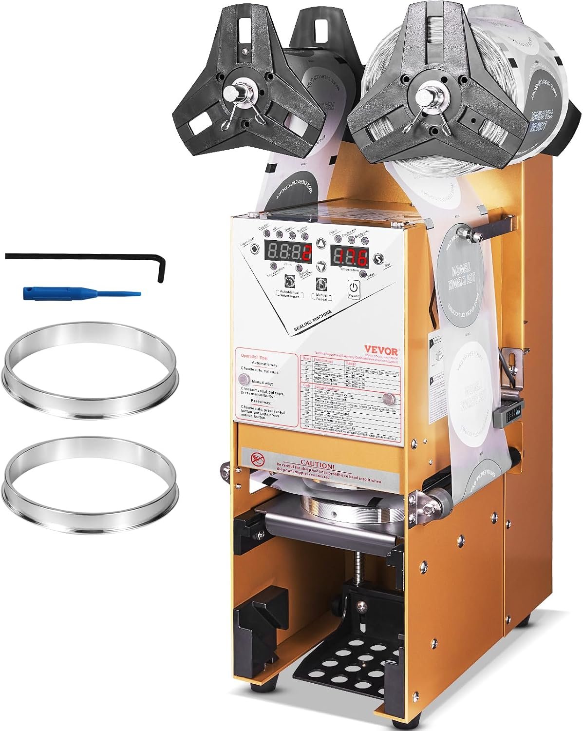 VEVOR Bubble Tea Machine, Fully Automatic Cup Sealing Machine, Electric Boba Machine 500-650 Cups/H for 180 mm Tall & 90/95 mm Cup with Digital Control LCD Panel for Bubble Milk Tea Coffee Gold
