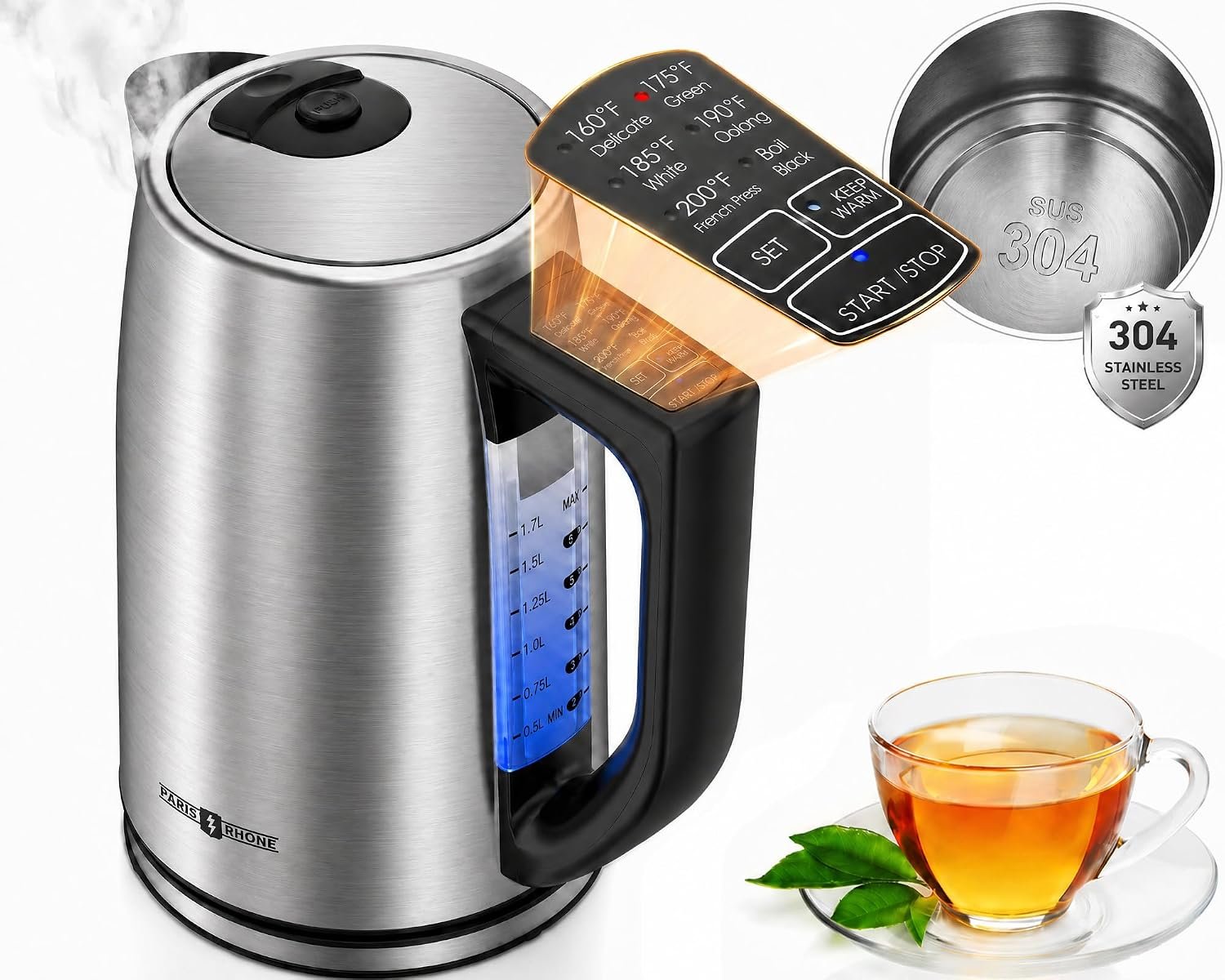 Electric Tea Kettle, PARIS RHÔNE 6 Precise Temperature Presets 1.7L Stainless Steel Electric Kettle Temperature Control,1500W Fast Boiling Hot Water for Oolong & Green Tea with Strix Control