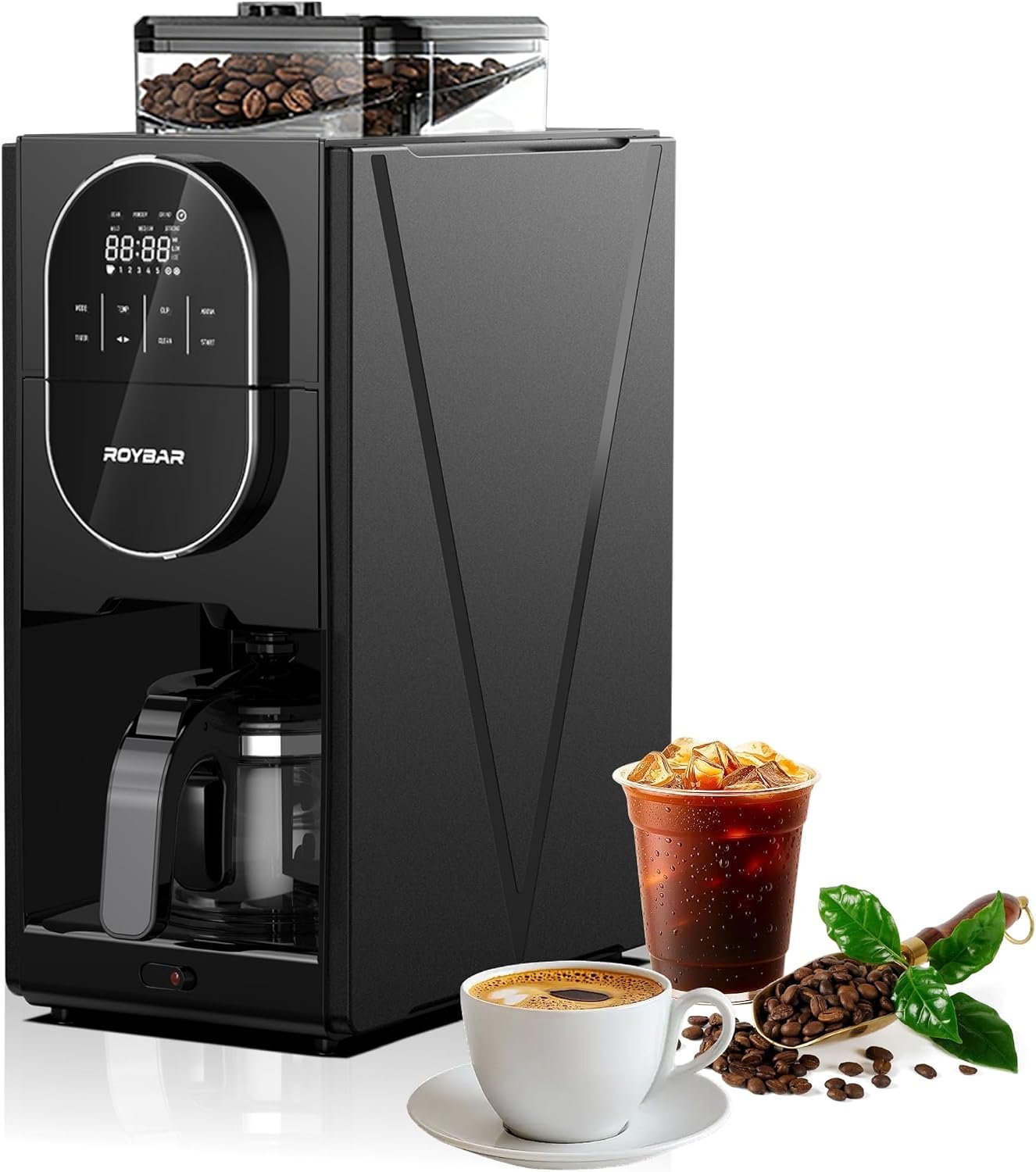 Coffee Maker with Grinder & Brew,Built-in Stainless Steel Grinder,5 Cup Sizes, Adjustable Grind Fineness & Brew Strength, Easy Cleaning, Touch Screen Control, Programmable Timer for Home Office Use