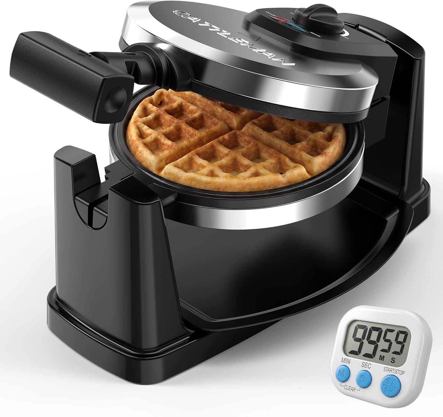 CATTLEMAN Waffle Maker, Rotating Belgian Waffle Maker with Magnetic Timer, 180° Flip Waffle Iron, Nonstick Plates, Adjustable Browning, Drip Tray, Cool Touch Handle for Crispy Family Breakfast