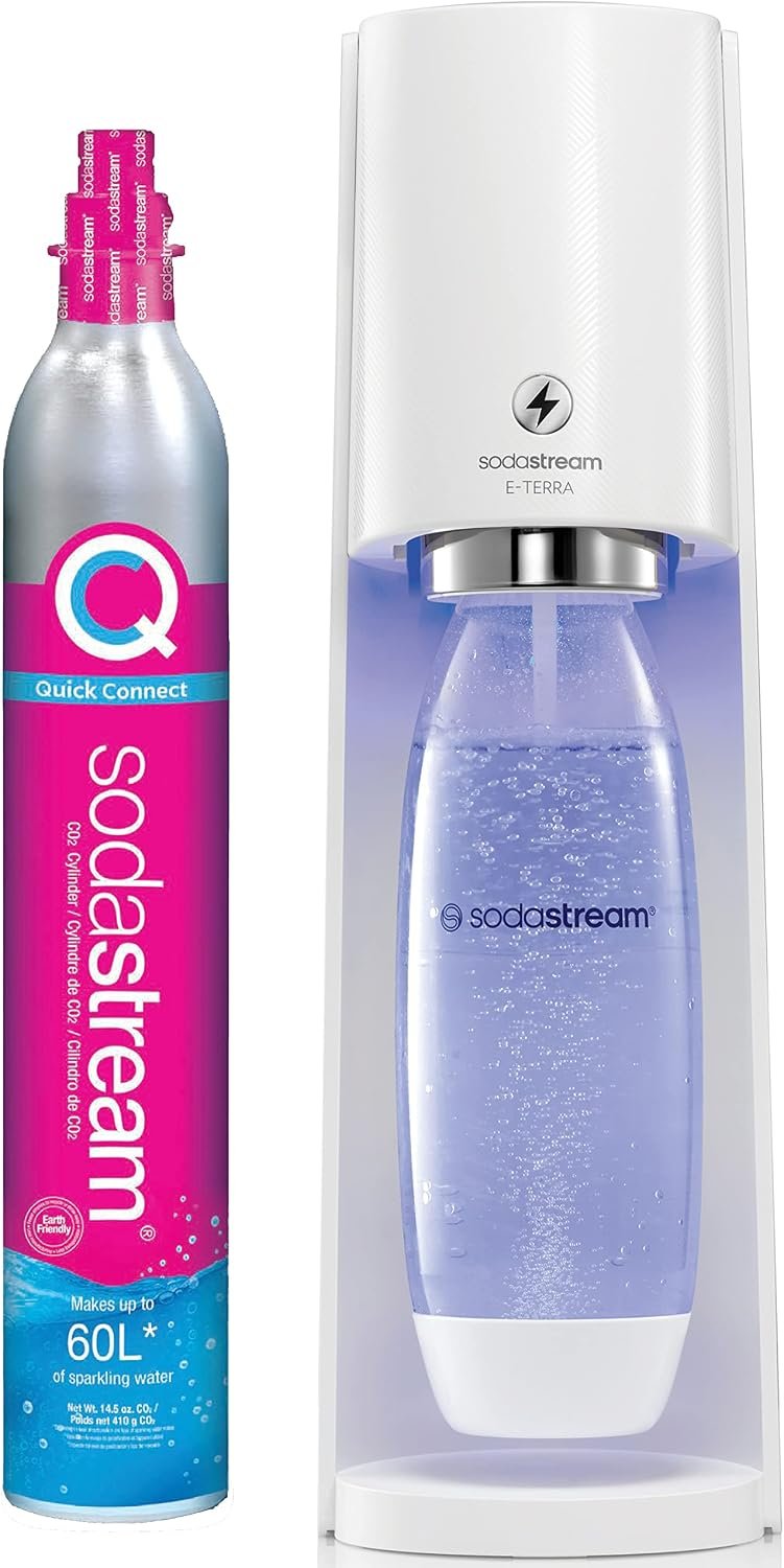 SodaStream E-TERRA Sparkling Water Maker (White) with CO2 and Carbonating Bottle