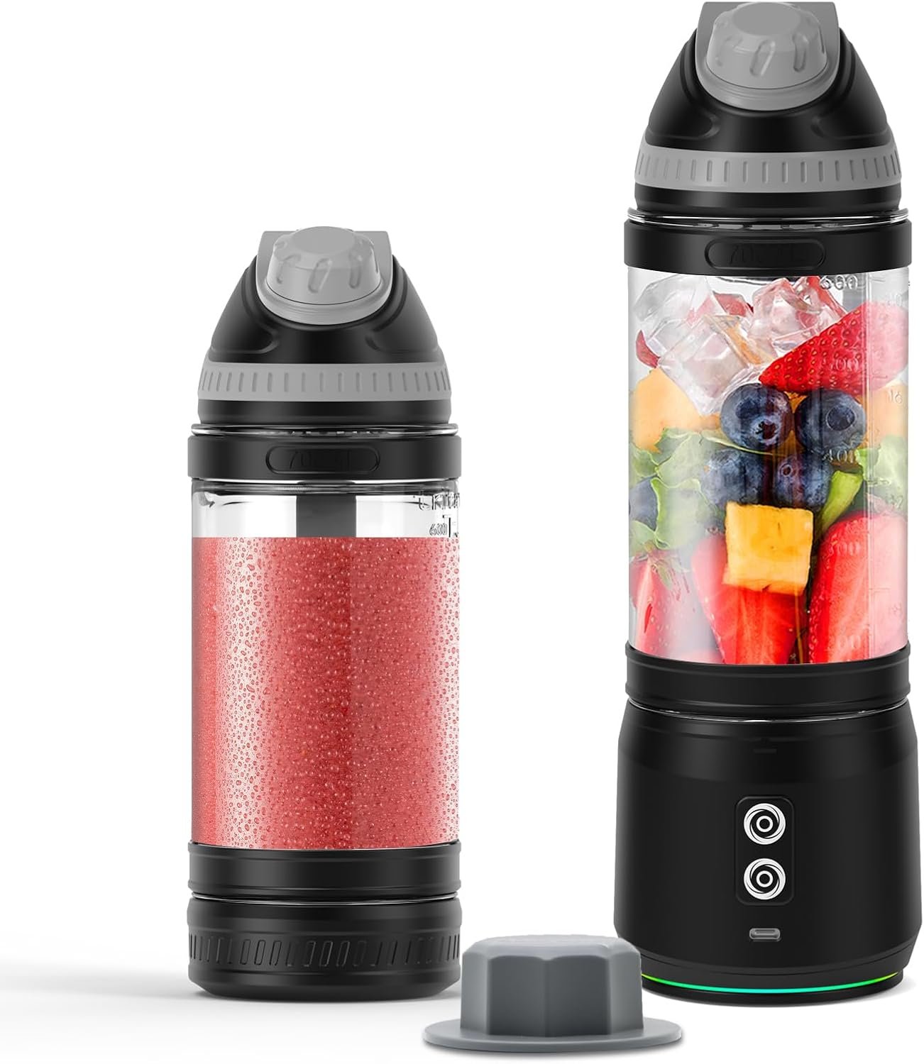 Portable Blender, Anti-Jamming 300 Watt for Shakes and Smoothies, 24oz Travel Blender USB Rechargeable, BPA Free Sporty bottle with a Travel Lid. (Black Base Grey Lid)