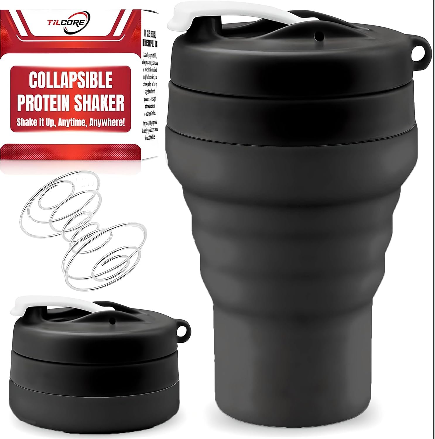 Collapsible Protein Shaker & Water Bottle Food-Grade, Leakproof Lid 600mL/20oz Shaker Cup – Reusable Silicone Shaker Cups for Protein Shakes with Mixing Ball for Gym-goers & Travelers