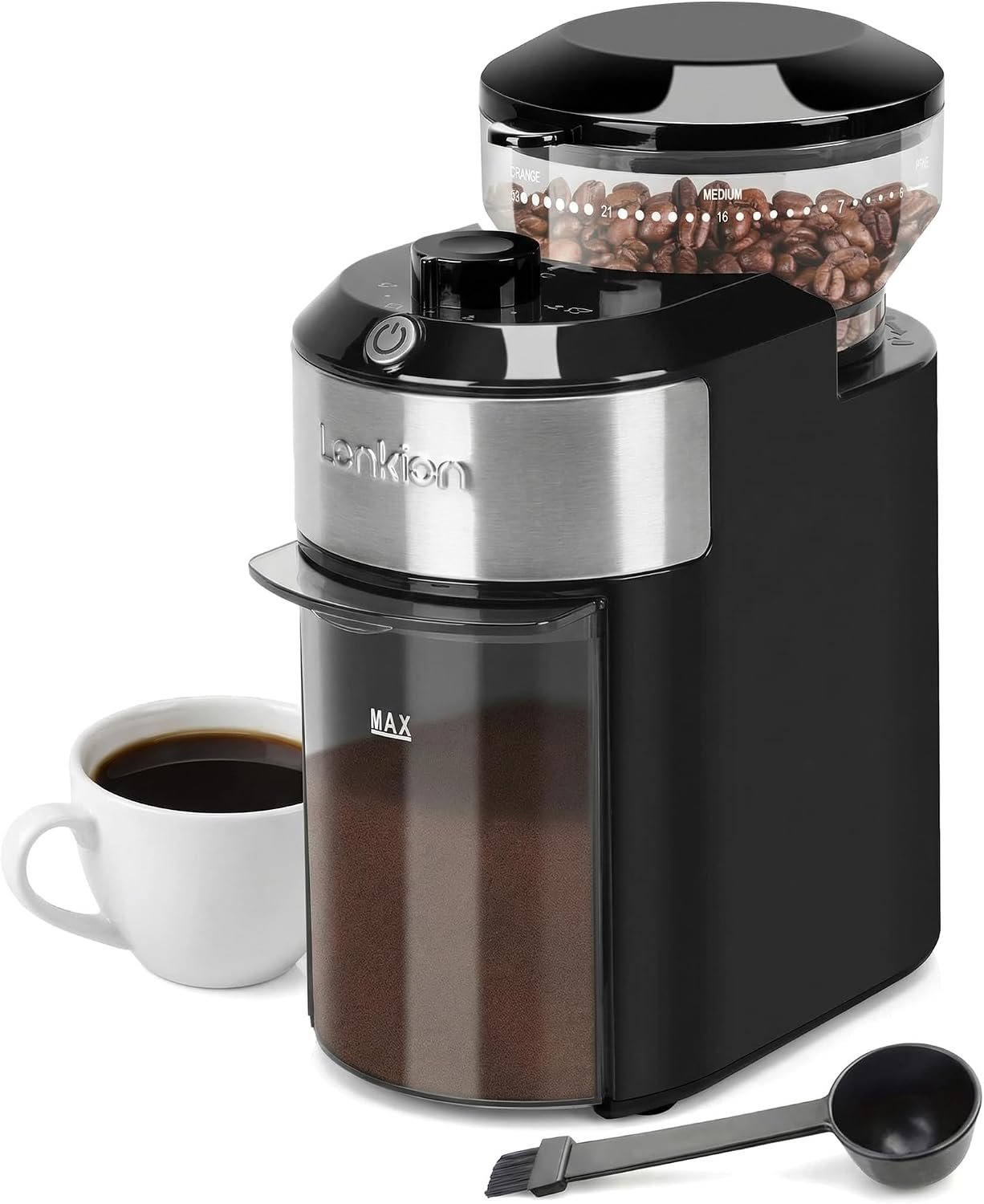 Coffee Grinder – Lonkion Electric Burr Coffee Grinder with 28 Grind Settings – Anti-Static Coffee Bean Grinder for Espresso, Drip, French Press – 2-12 Cup Adjustable – Stainless Steel – Gloss Black