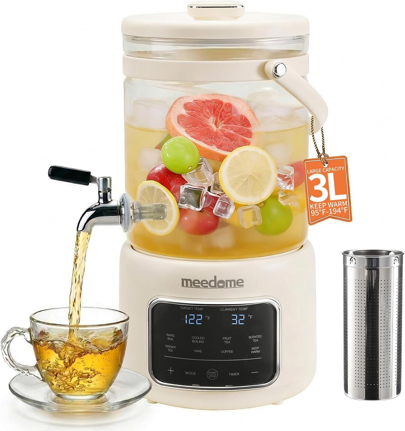 3L Electric Kettle & Beverage Dispenser with Infuser, Spigot – All-in-One Health Pot for Iced Tea/Coffee, Temperature Control, Glass Pitcher – Home & Office Use