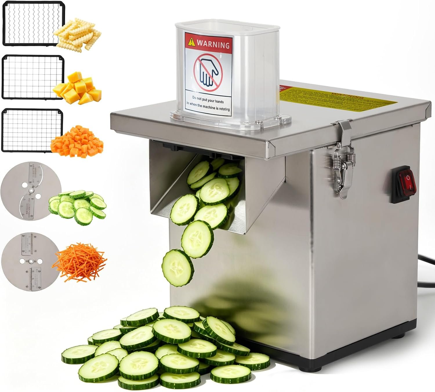 4-In-1 Electric Vegetable Chopper – 330 lbs/hr, 200W Motor, Slice/Dice/Shred/Wavy Cut, Stainless Steel, Large Feed Chute, Safety Shut‑off – for Restaurant & Home Kitchen