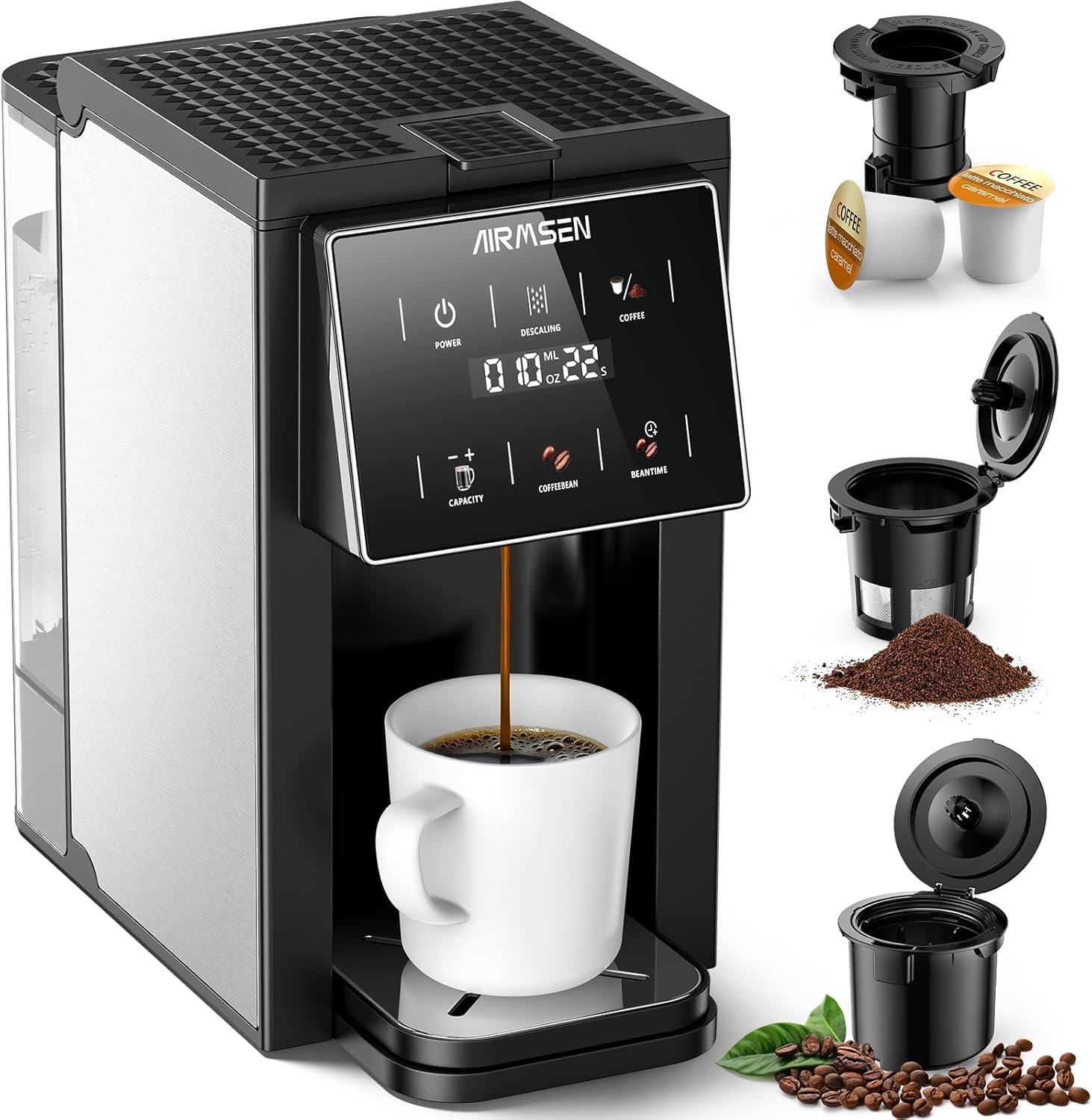 AIRMSEN Grind & Brew Coffee Maker with Built-in Grinder (2026 Model) – Single-Serve, Compatible with K-Cup Pods & Ground, 1000W Fast 6-14oz Brewer, Descaling Alert, Touchscreen & 50oz Removable Tank