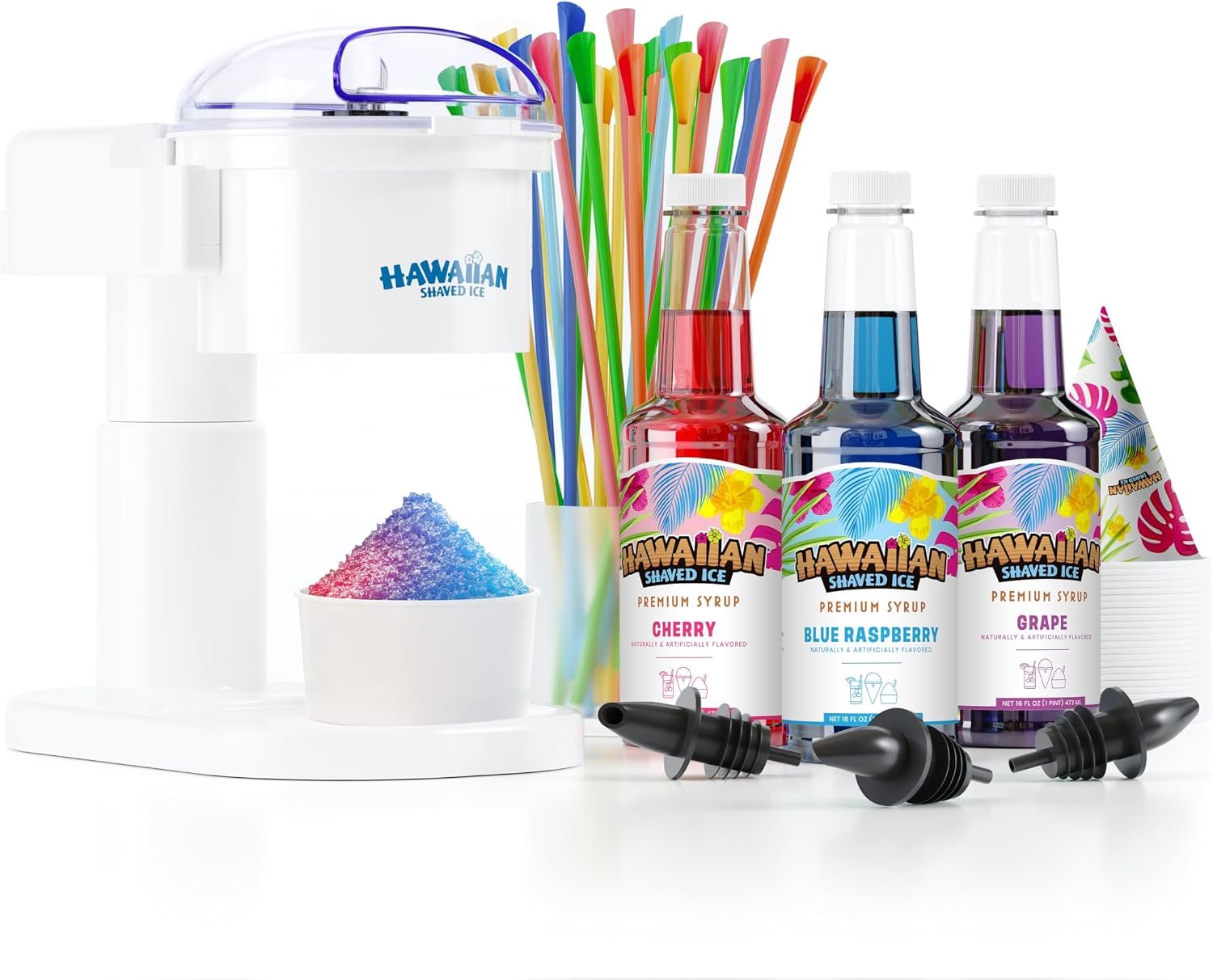 Hawaiian Shaved Ice S700 Kid-Friendly Snow Cone Machine Kit with 3-16oz. Syrup Flavors: Cherry, Grape, and Blue Raspberry, Plus 25 Snow Cone Cups, 25 Spoon Straws, and 3 Black Bottle Pourers