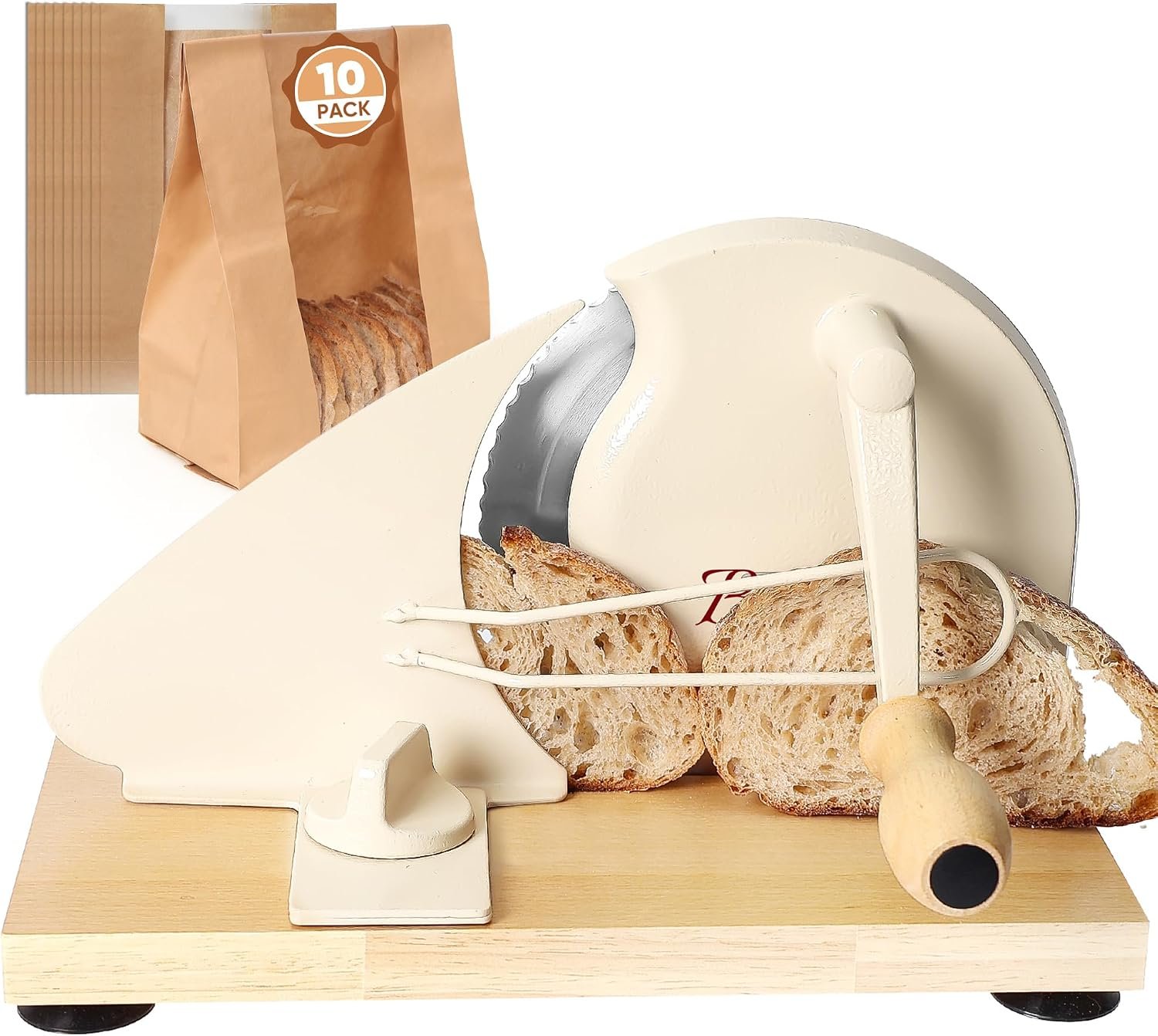 Brvclon Manual Bread Slicer for Homemade Sourdough,Adjustable Thickness,Hand Crank Bread Slicer with Stainless Steel Blade, Aluminum Alloy Frame & Solid Wood Base,Comes with 10 Bread Bags