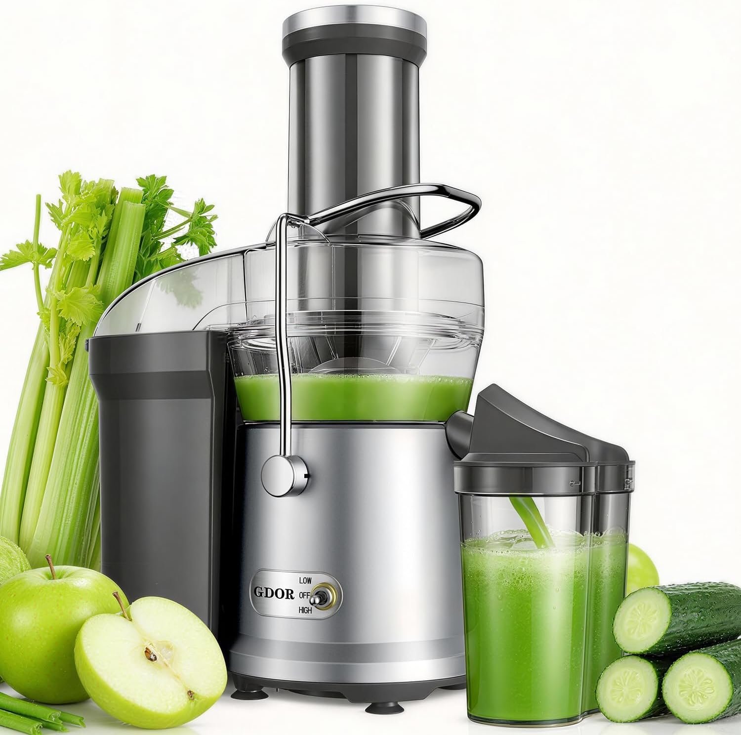 GDOR Powerful 1200W Juicer with Larger 3.2″ Feed Chute, Titanium Enhanced Cutting System, Centrifugal Juice Extractor Maker with Heavy Duty Full Copper Motor, Dual Speeds, BPA-Free, Silver
