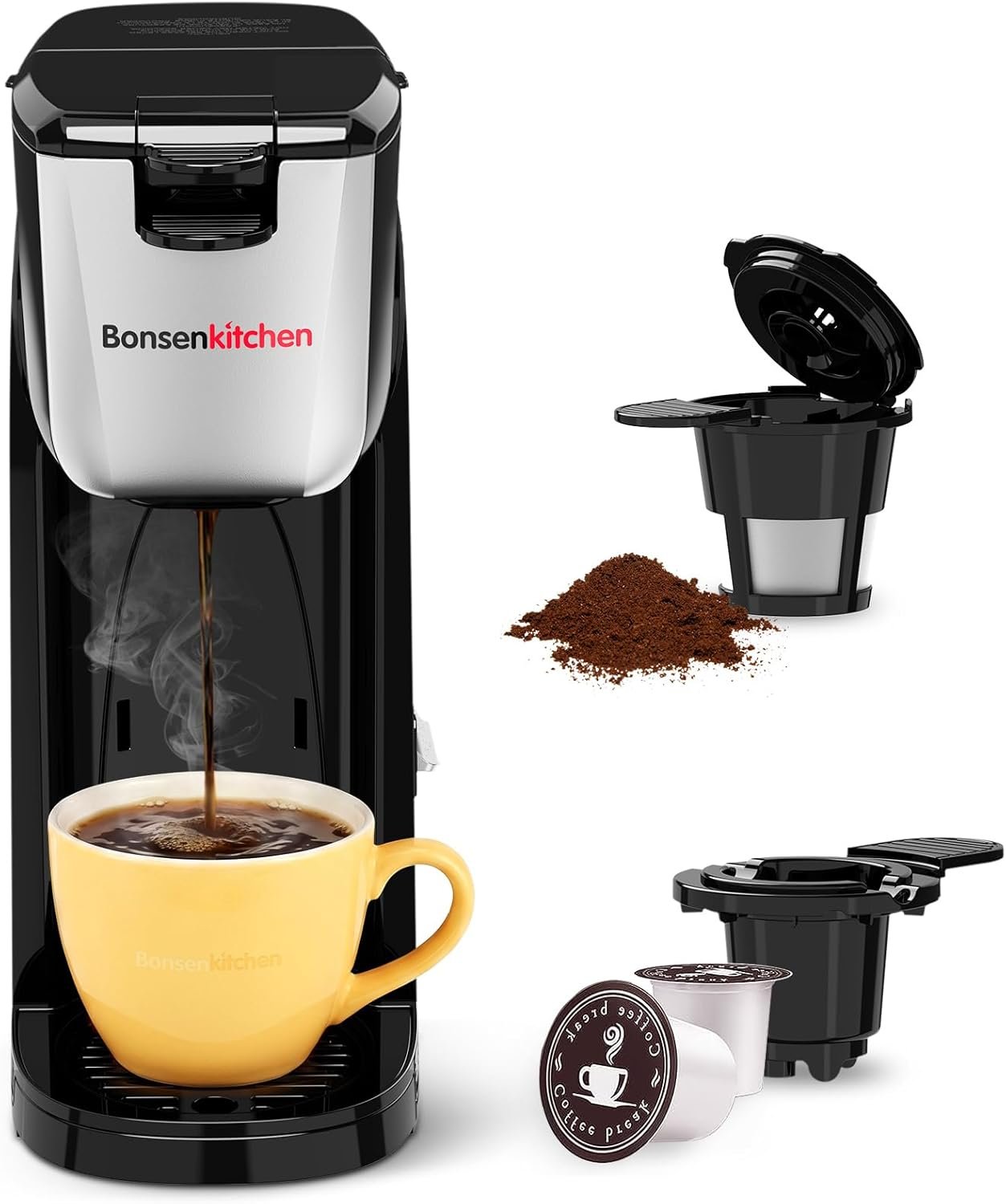 Bonsenkitchen 2-in-1 Single Serve Coffee Maker for K Cup & Ground Coffee, Fast Brewing (6-14oz), Space-Saving for Home，Office，Dorm