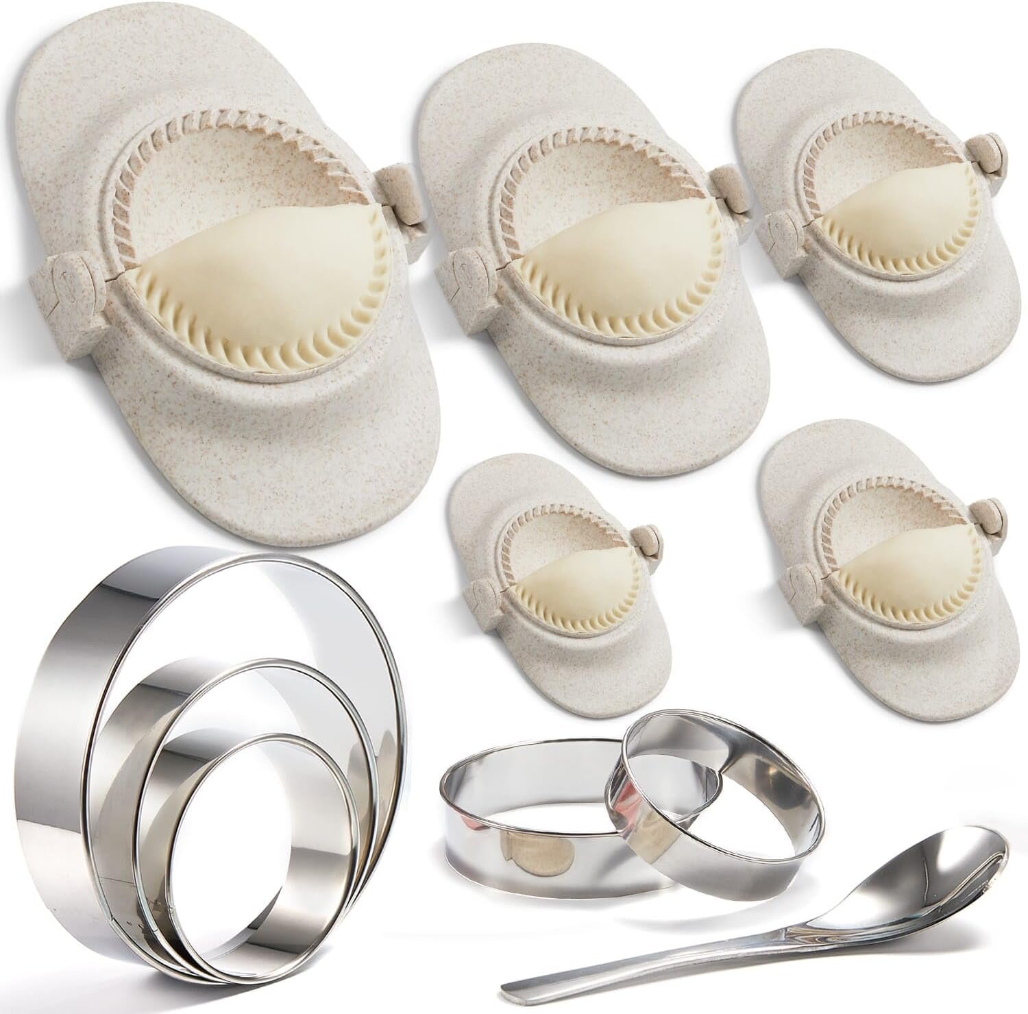Empanada Maker Press, 6-Inch Extra Large Dumpling Maker Set with Dough Cutter, Dumpling Mold Set for Pierogi, Pastelitos, Calzone, Turnovers, Chinese Dumpling, 5Sizes (6″/5″/4″/3″/2.6″)