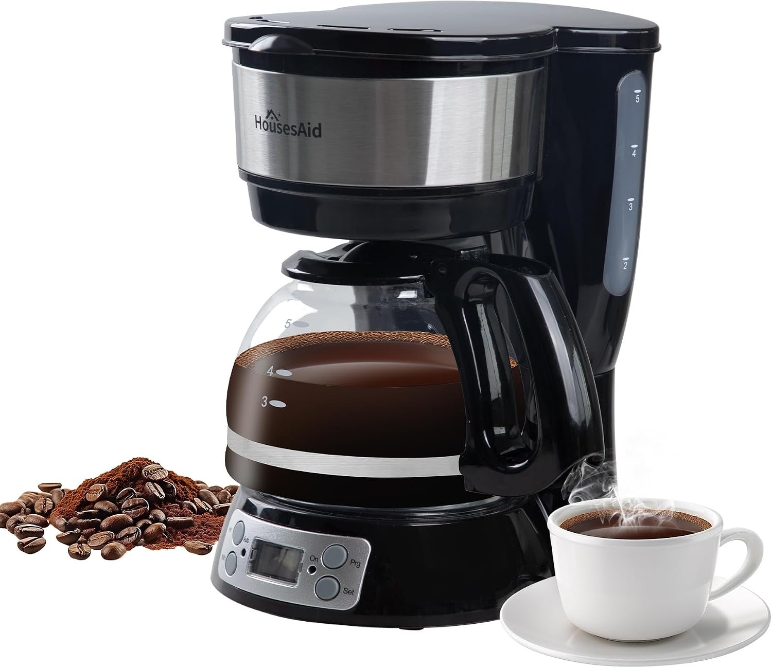5-Cup Programmable Drip Coffee Maker with Digital Timer, Glass Carafe,24-Hour Auto Brew,2-Hour Auto Shut-Off, Pause & Pour, Removable Filter