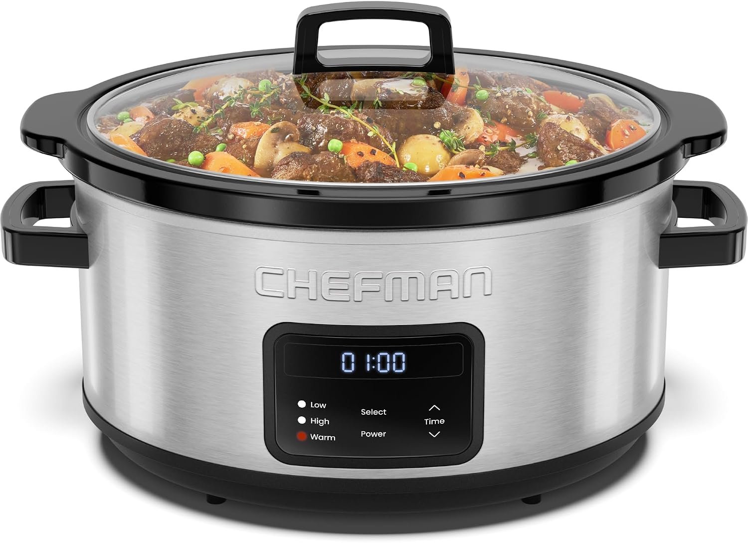 Chefman Slow Cooker 7 Quart, Large Family Size Programmable Digital Slow Cooker with 24-Hour Timer, Low, High & Warm Settings, Ceramic Crock, Tempered Glass Lid, Dishwasher-Safe, Stainless Steel