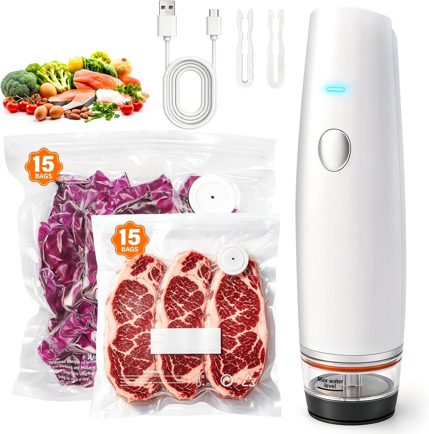 -80kPa Compact Vacuum Sealer for Food (Vacuum Sealer Machine + 30 Reusable Bags), 1200mAh Rechargeable Handheld Vacuum Sealer Machine Portable Mini Food Sealer for Sous Vide & Meal Prep-cold white
