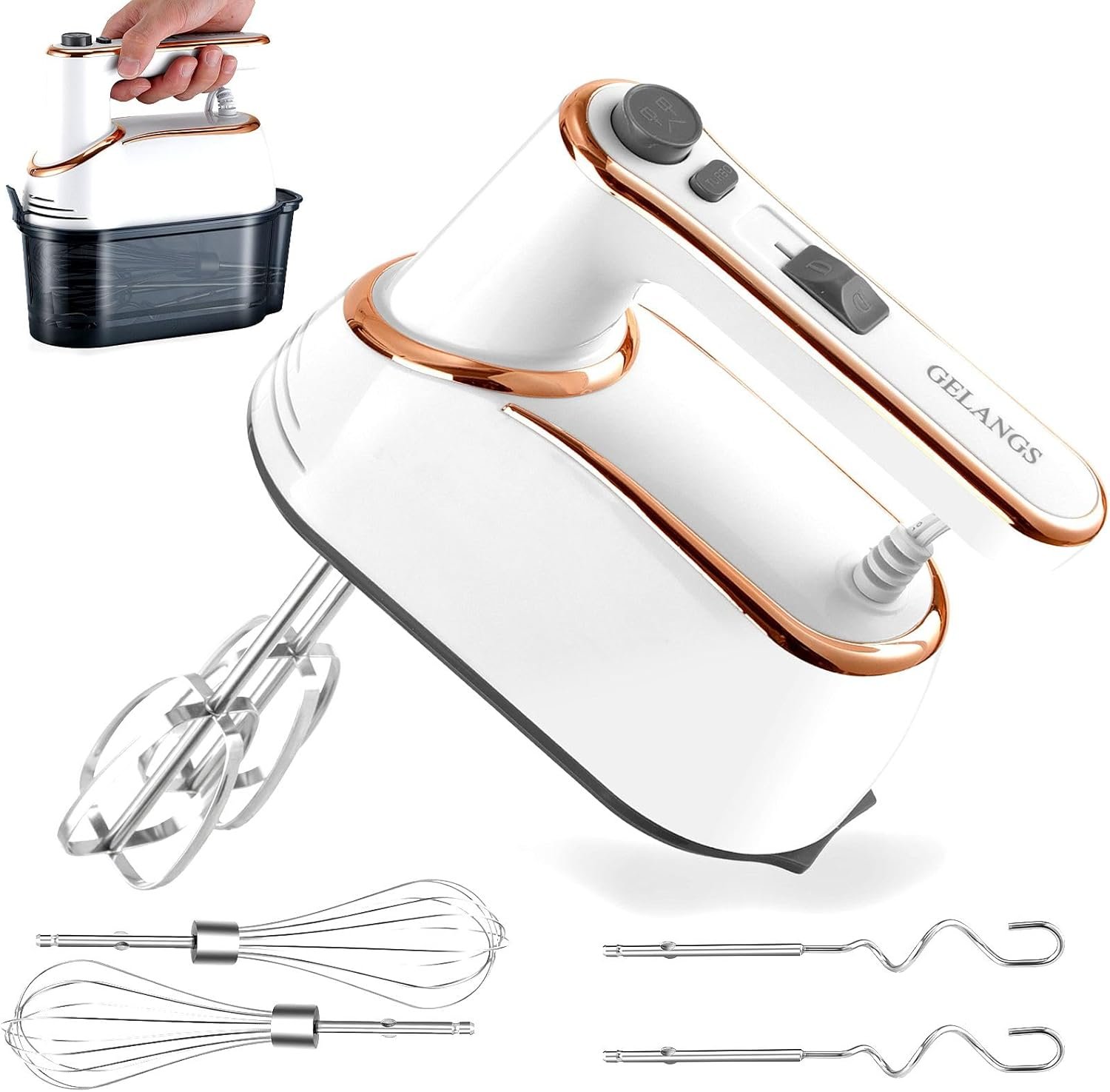 Hand Mixer, 5-Speed Electric with Turbo Boost, White, Copper Motor, 400W, Dishwasher-Safe Attachments for Baking, Whipping, Dough