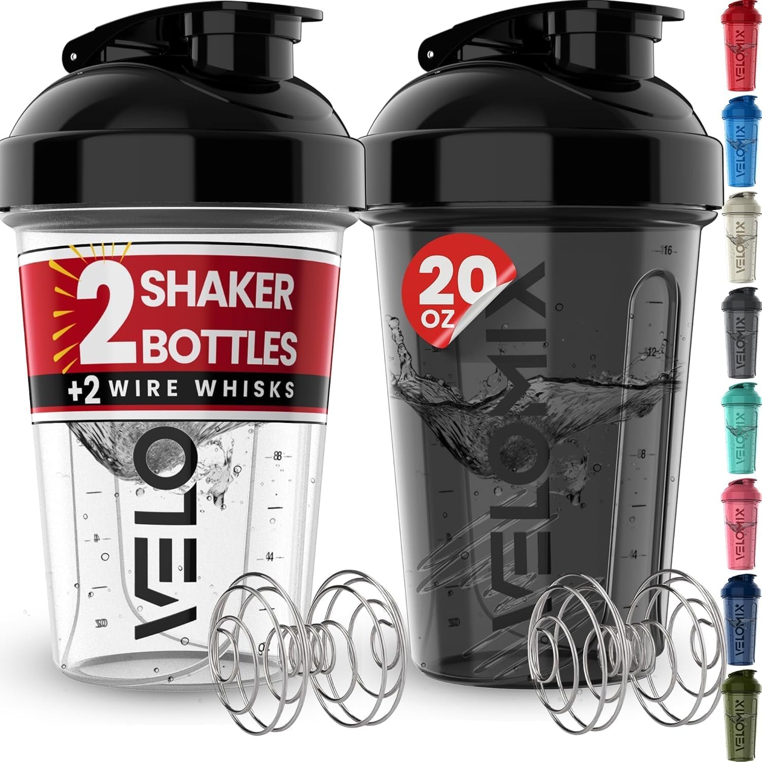 VELOMIX -2 Pack- 20 oz Protein Shaker Bottles for Protein Mixes – 2x Wire Whisk | Leak Proof Shaker Cups for Protein Shakes and Pre Workout | Protein Shaker Bottle Pack (Black/Transparent)