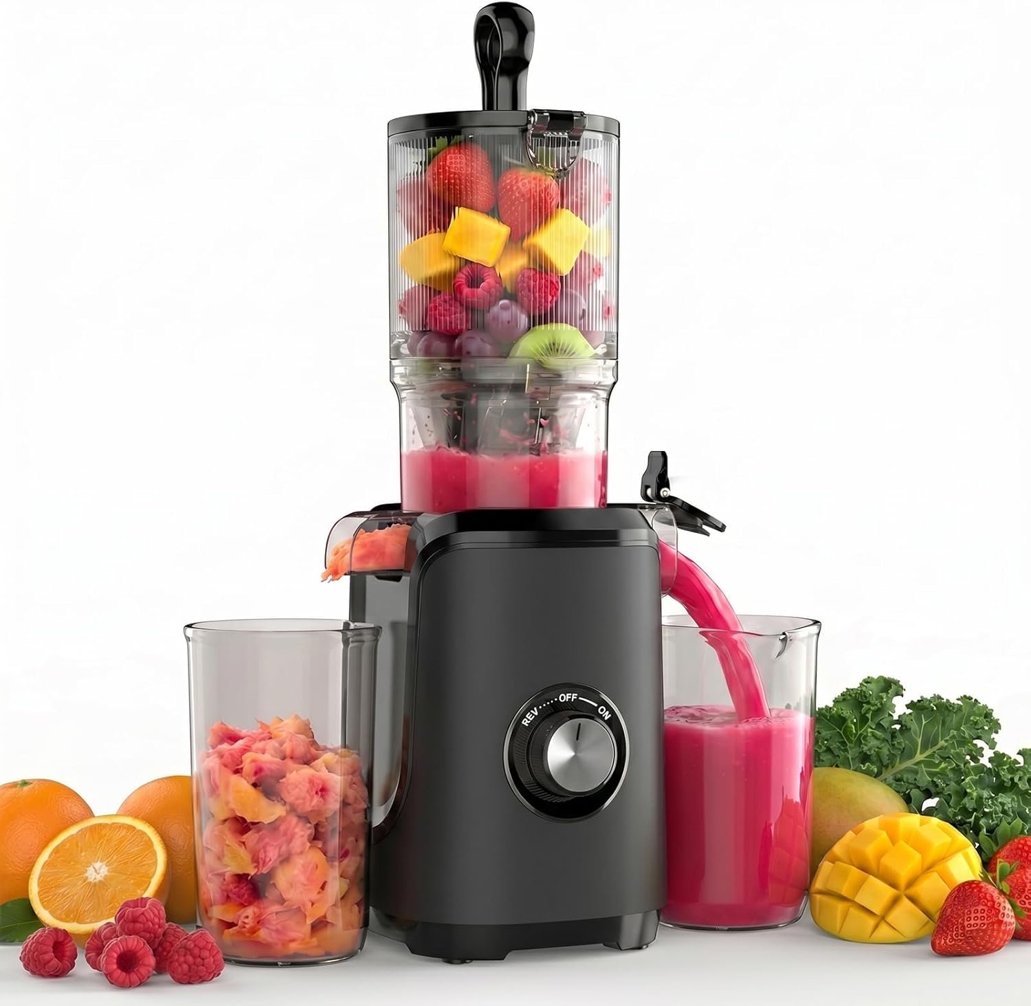 Slow Masticating Juicer, 200W Cold Press Juicer Machine with Safety Lock & Reverse Function, Juice Extractor for Fruits & Vegetables, Easy Clean, Black