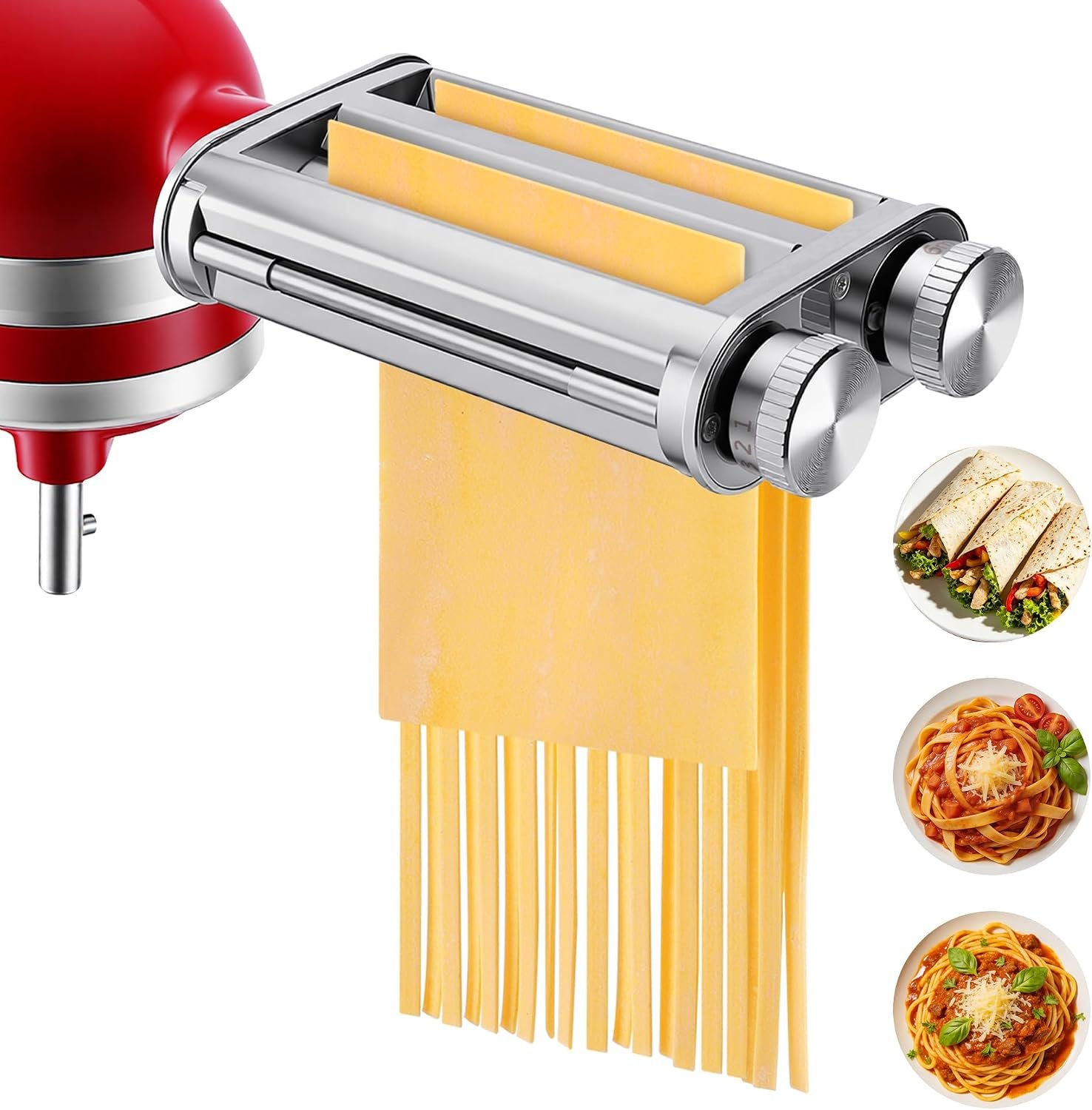 Pasta Maker Attachment for KitchenAid Mixers, 3 in 1 Pasta Attachments | 3 in 1 Set Included Dough Roller, Spaghetti and Fettuccine Cutters, Stainless Steel Housing, Washable,Adjustable Thickness