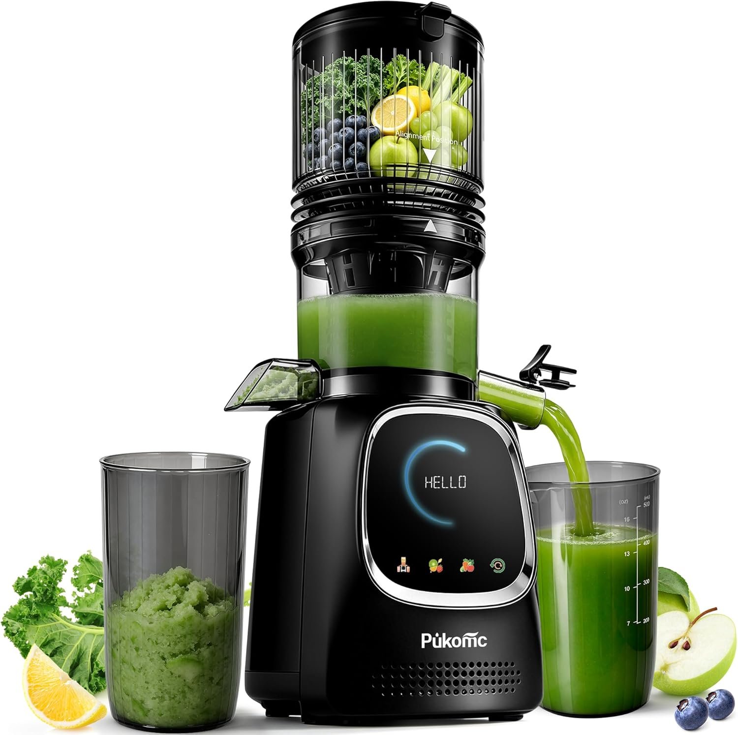 Pukomc Cold Press Juicer with Smart Display and Brushless Motor, 5.3” Wide Mouth Feed Chute, 300W High Power Slow Masticating Juicer, Whole Vegetables & Fruits Juicing, Easy to Use and Clean