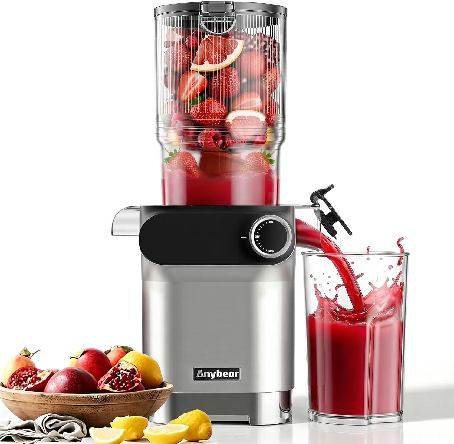 Anybear Cold Press Juicer 200W Masticating Slow Juicer 4.3″ Large Feed Chute Fit Whole Fruits Vegetables | Upgraded Auger | Tritan Material | BPA Free | Juice Recipes (Silver Gray)