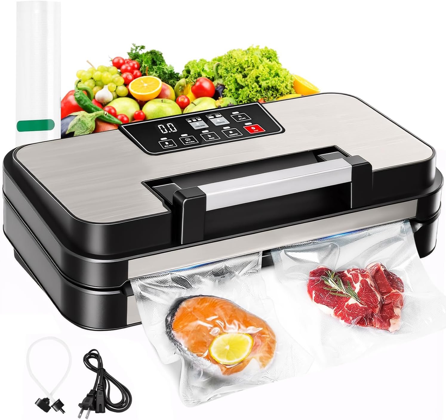 Vacuum Sealer Machine, 95Kpa Powerful Automatic Food Sealer, Built-in Cutter & Bag Storage, Progress Display, Easy-Lock Handle, for Dry Moist Food Preservation, Extend Freshness Longer