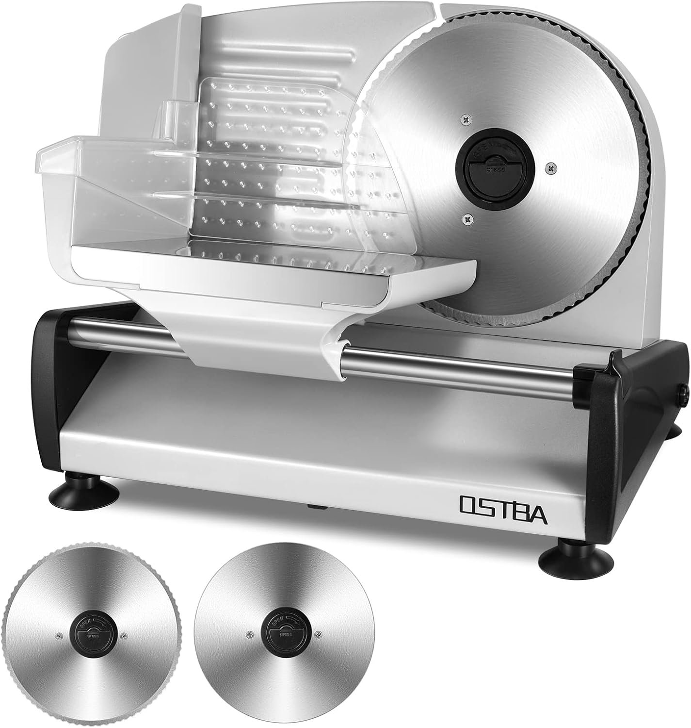OSTBA Meat Slicer 200W Electric Deli Food Slicer with 2 Removable 7.5″ Stainless Steel Blade, Adjustable Thickness for Home Use, Child Lock Protection, Easy to Clean, Cuts Meat, Bread and Cheese