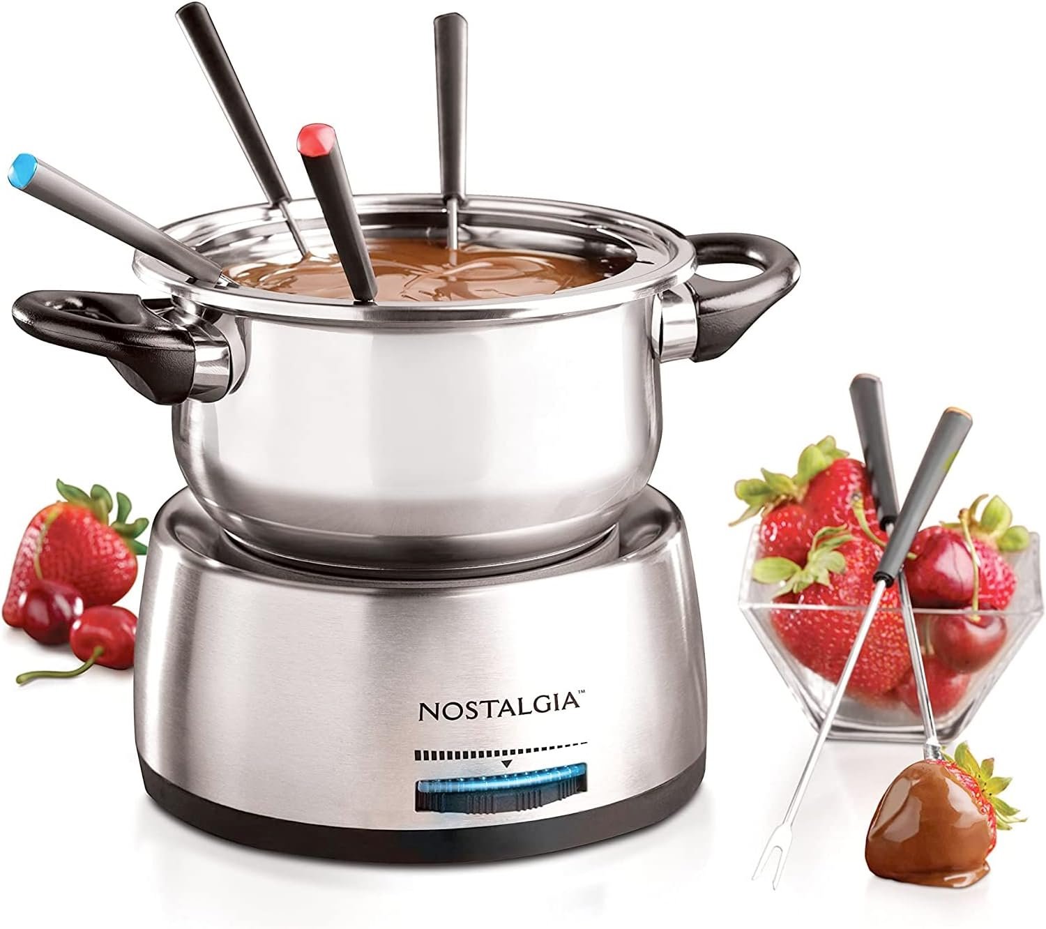 Nostalgia FPS200 6-Cup Stainless Steel Electric Fondue Pot with Temperature Control, 6 Color-Coded Forks and Removable Pot – Perfect for Chocolate, Caramel, Cheese, Sauces and More